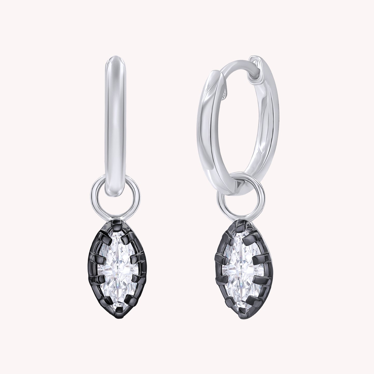 Huggie Earrings For Women, Marquise Shape Lab Grown Two Tone Solitaire Huggie Earring