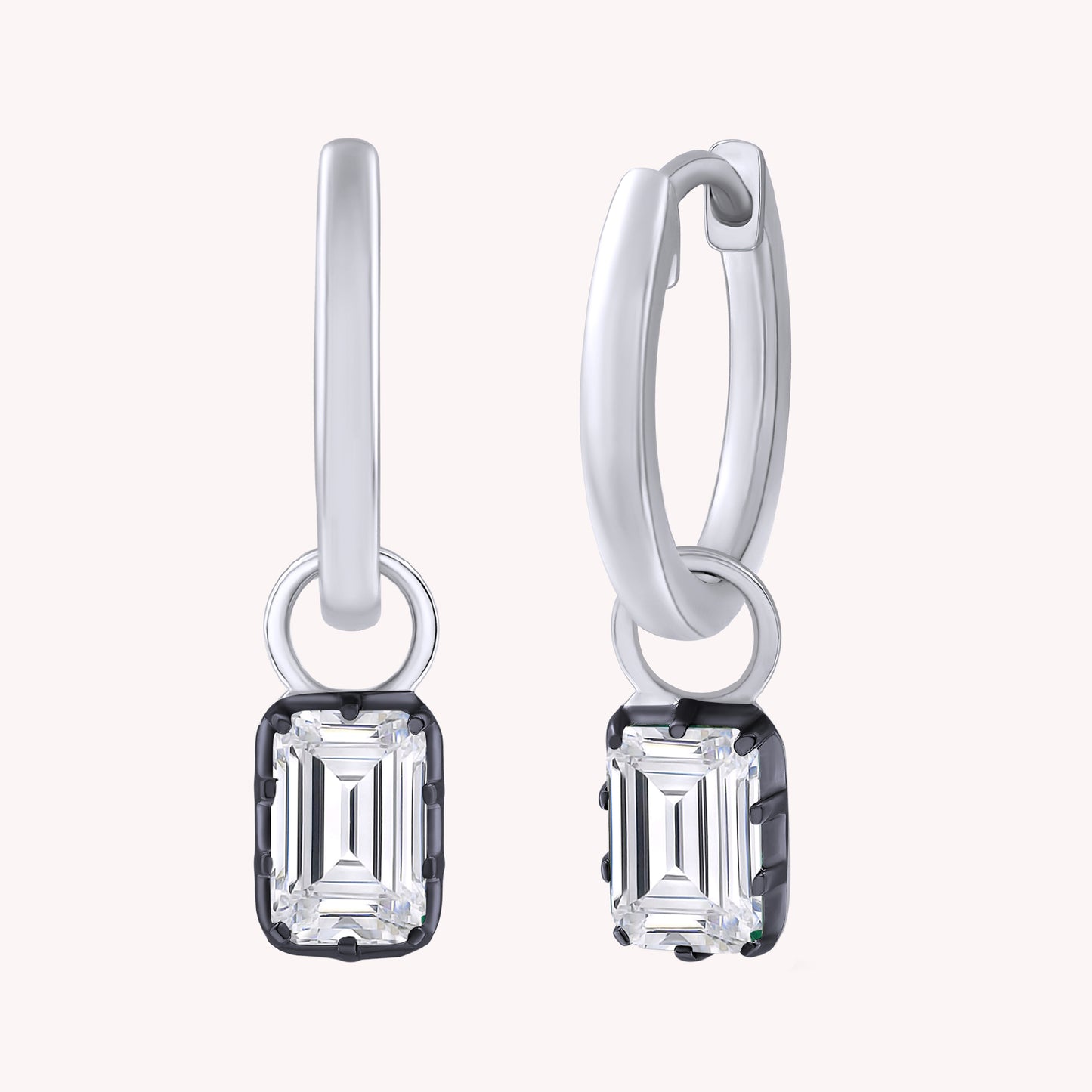 Huggie Earrings For Women, Emerald Shape Lab Grown Two Tone Solitaire Huggie Earring