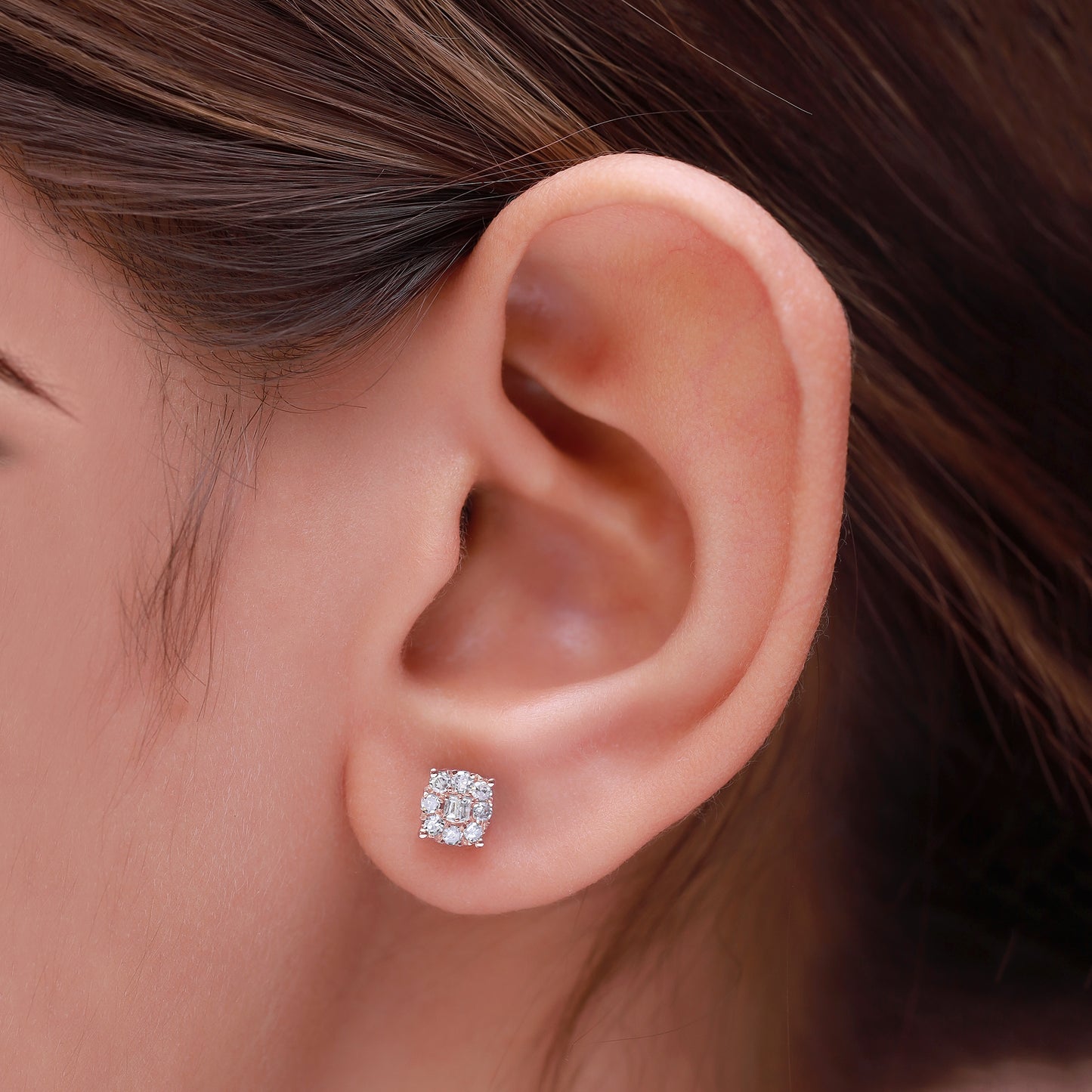 Round and Baguette 0.25 Carat Lab Grown Diamond Square Stud Earrings