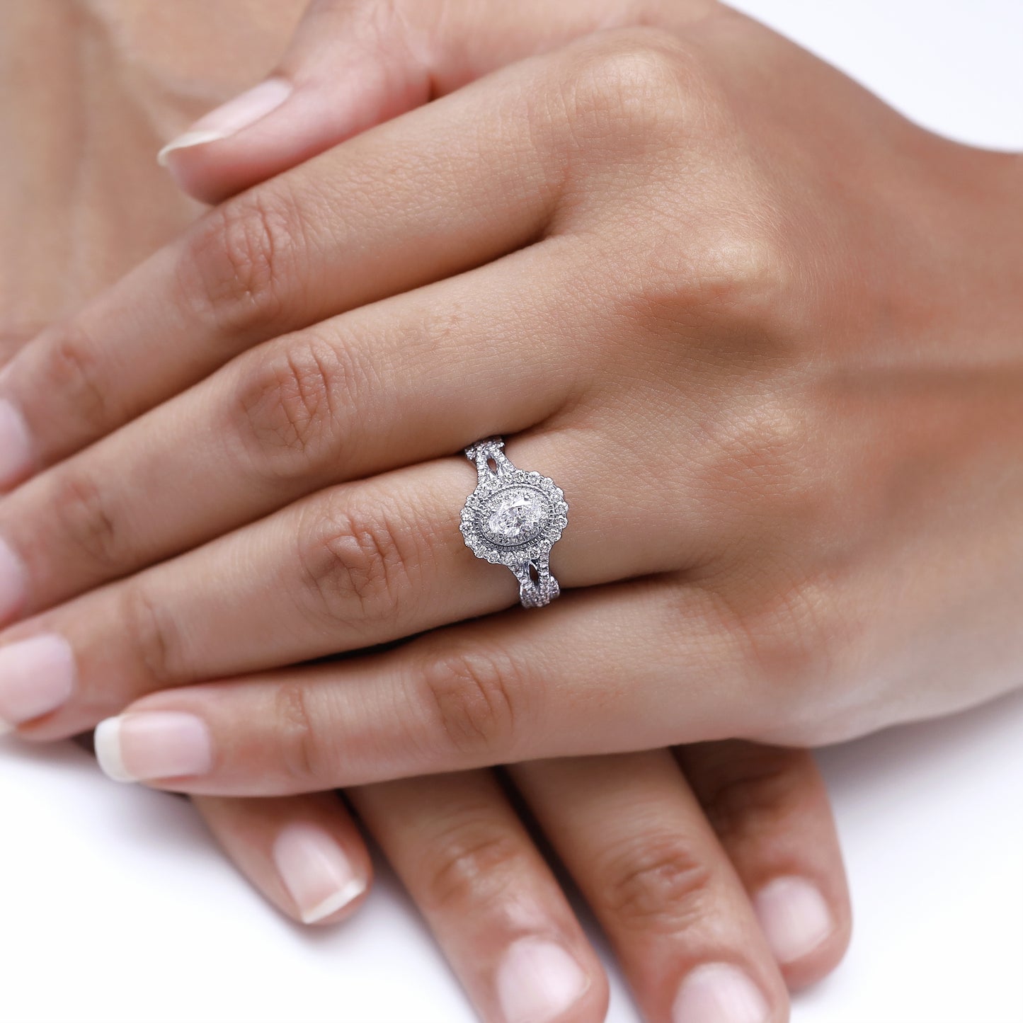 Oval Cut Lab Grown Diamond Halo Split Shank Engagement Ring - 0.95 CTW