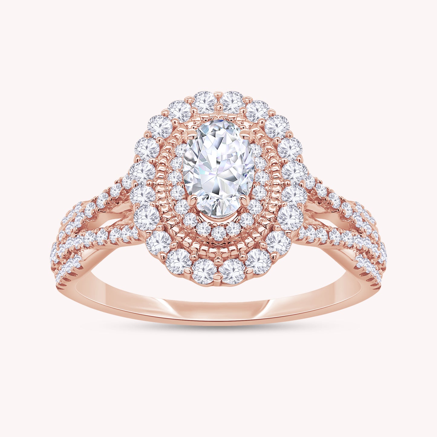Oval Cut Lab Grown Diamond Halo Split Shank Engagement Ring - 0.95 CTW