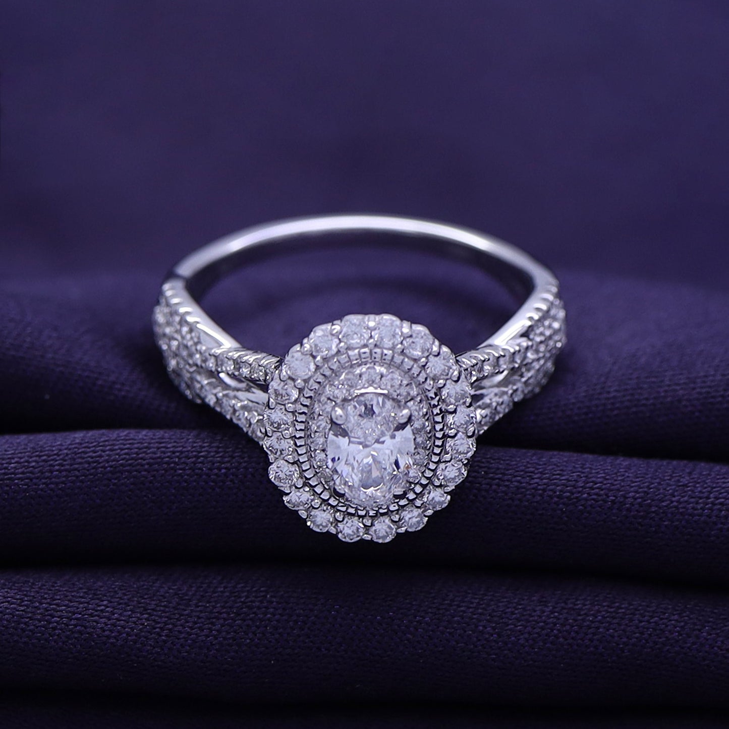 Oval Cut Lab Grown Diamond Halo Split Shank Engagement Ring - 0.95 CTW