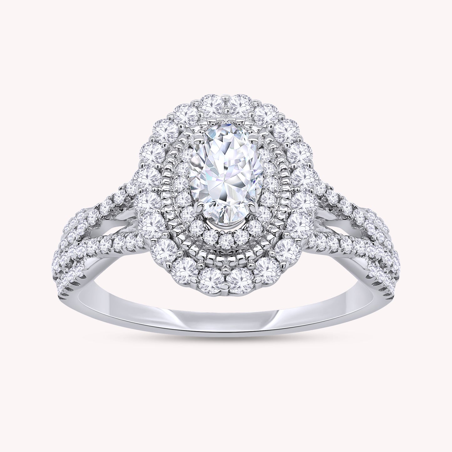 Oval Cut Lab Grown Diamond Halo Split Shank Engagement Ring - 0.95 CTW