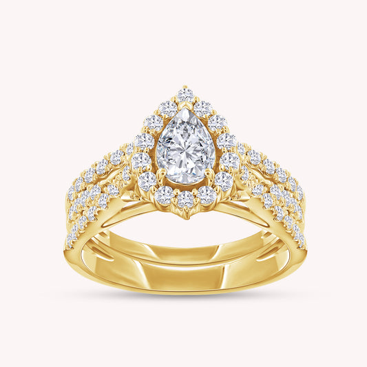 Pear & Round Shape Lab Grown Diamond Halo Engagement Bridal Set Ring - 1.00 CTW