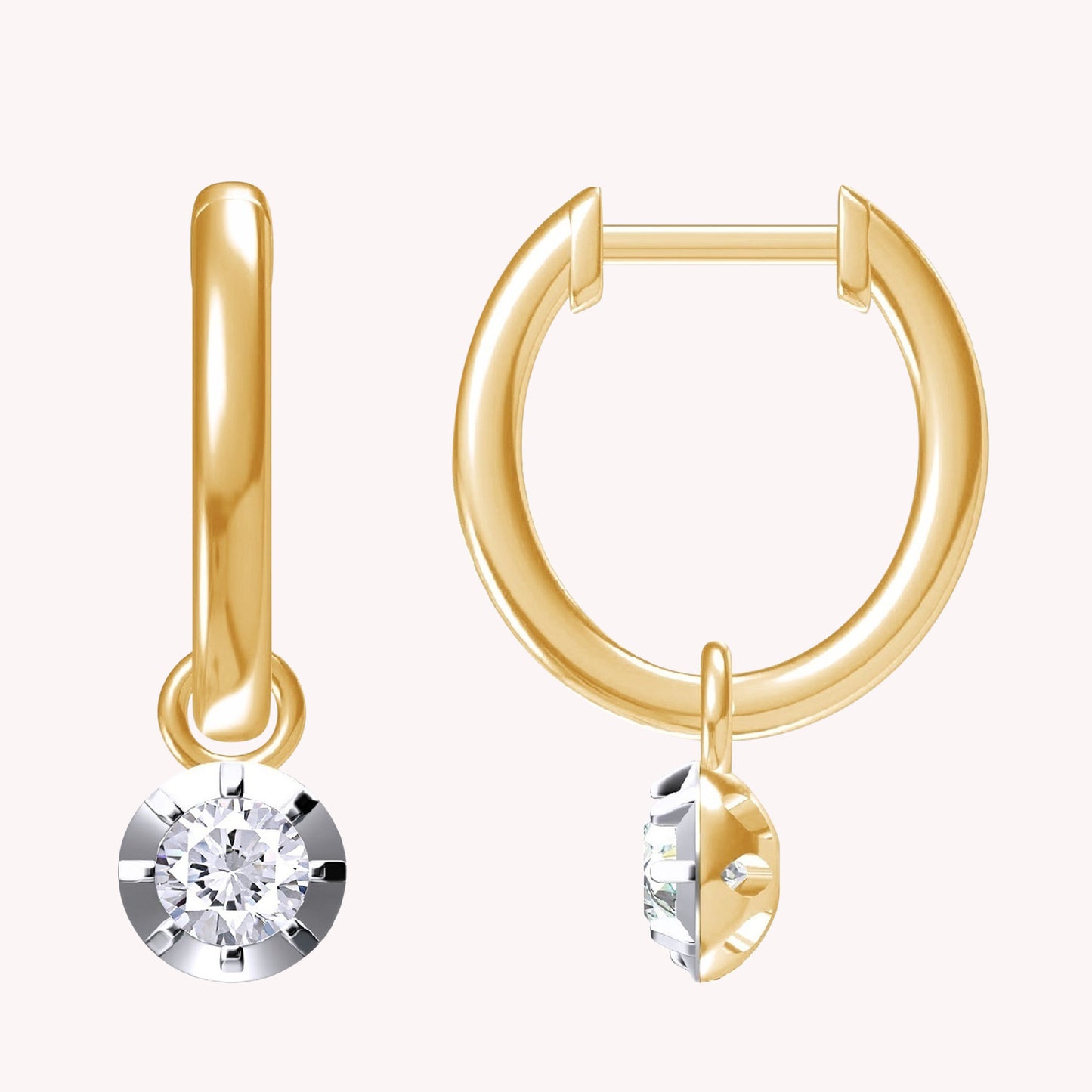 Huggie Earrings For Women, Round Shape Lab Grown Diamond Two Tone Huggie Earring