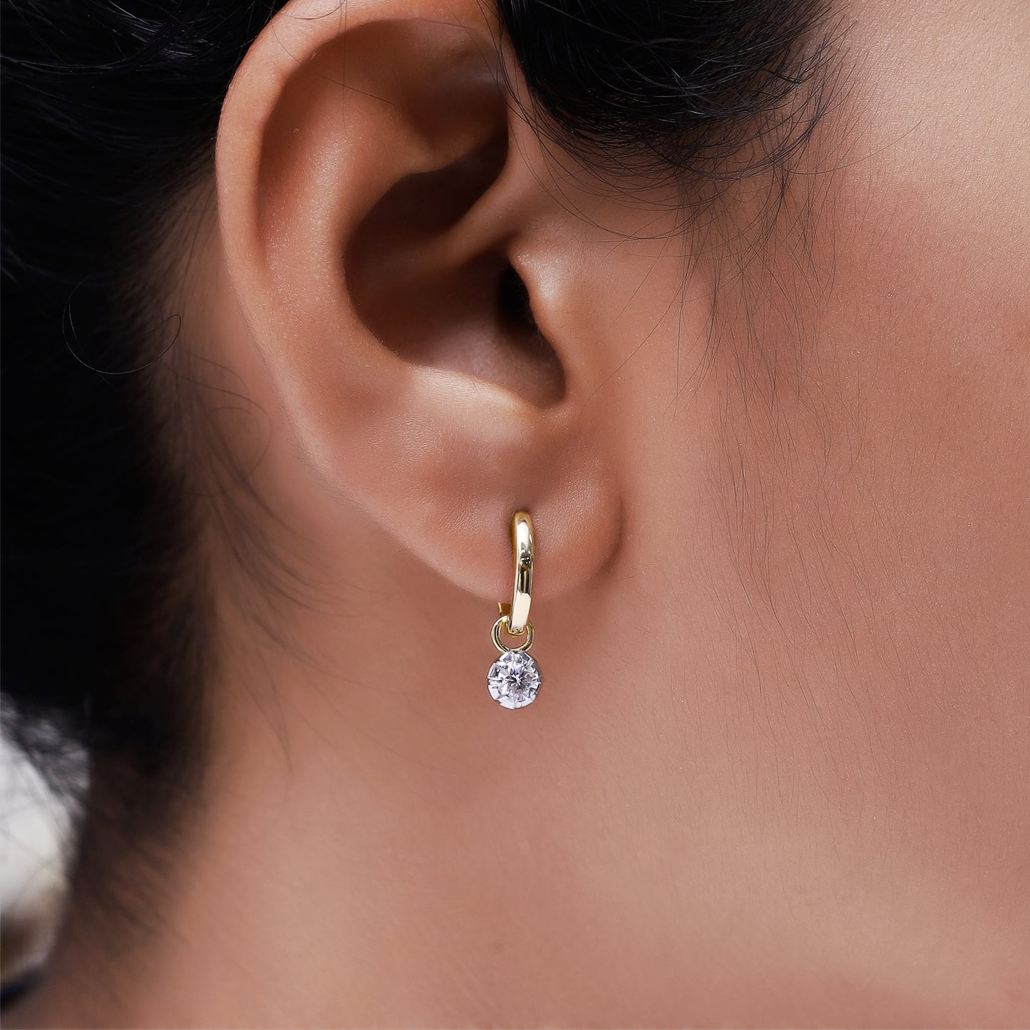 Huggie Earrings For Women, Round Shape Lab Grown Diamond Two Tone Huggie Earring