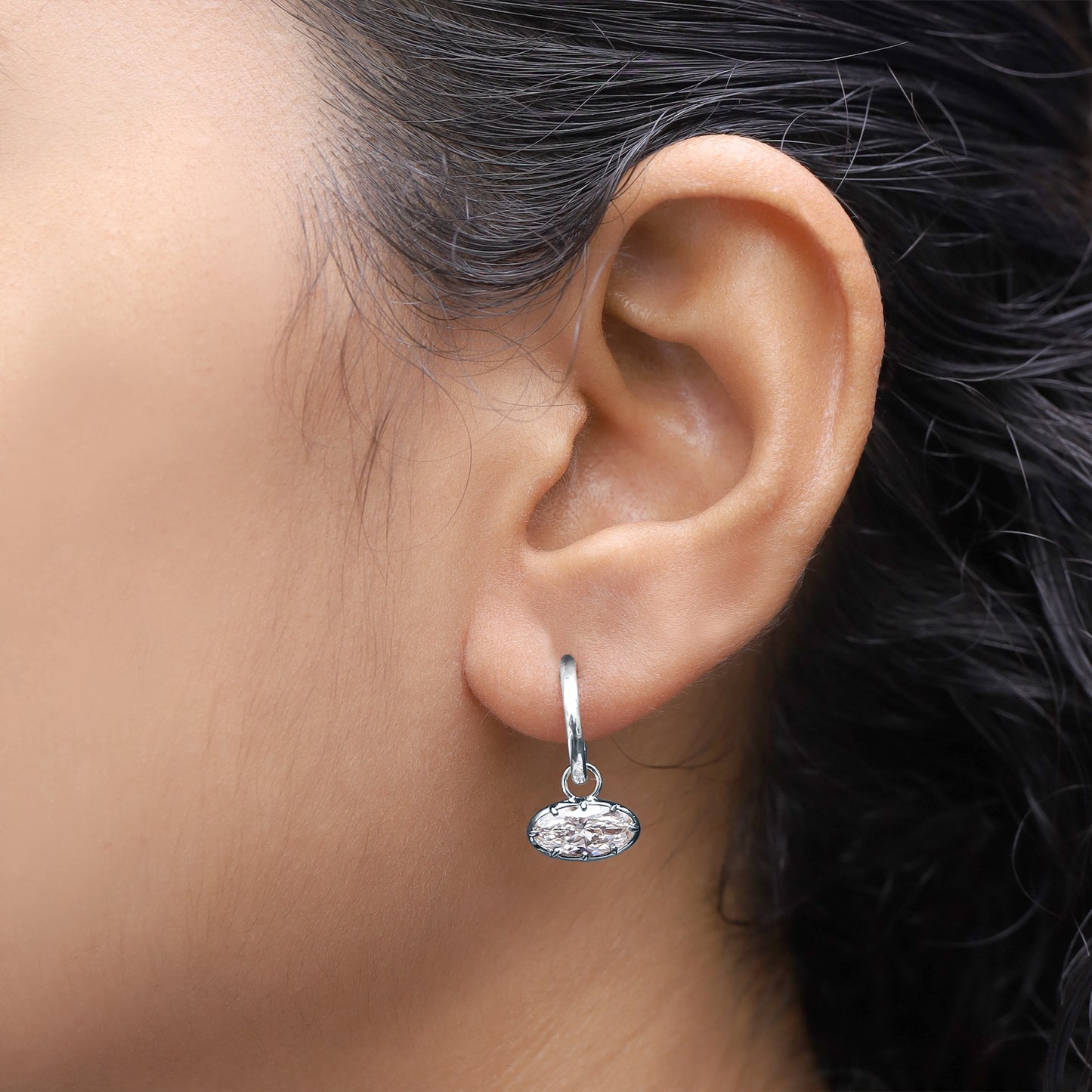 Huggie Earrings For Women, Moval Shape Lab Grown Diamond Two Tone Huggie Earring