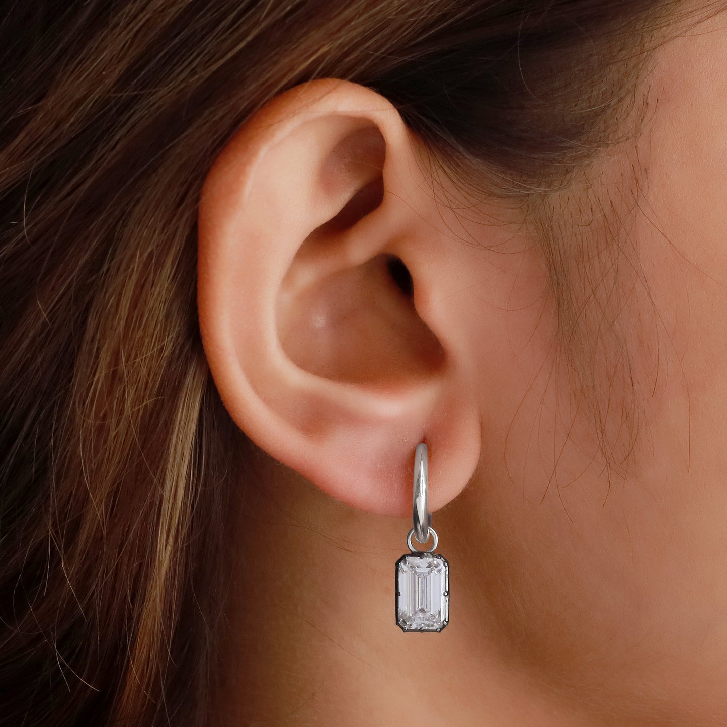 Huggie Earrings For Women, Emerald Shape Lab Grown Diamond Two Tone Huggie Earring