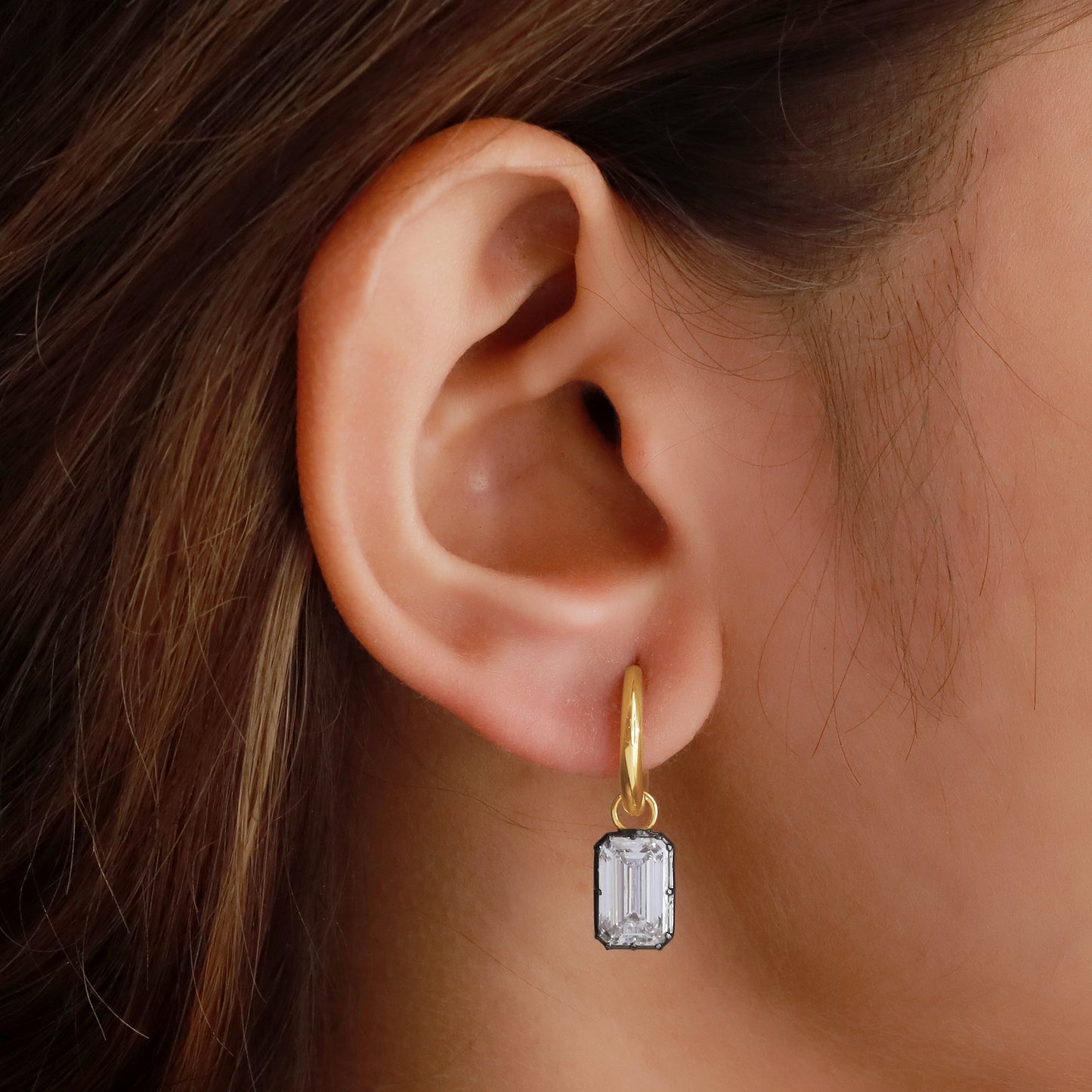 Huggie Earrings For Women, Emerald Shape Lab Grown Diamond Two Tone Huggie Earring