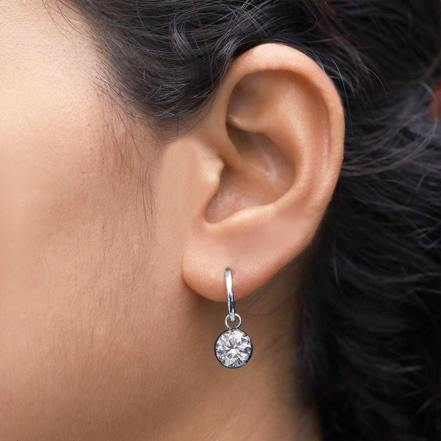 Huggie Earrings For Women, Round Shape Lab Grown Diamond Two Tone Huggie Earring