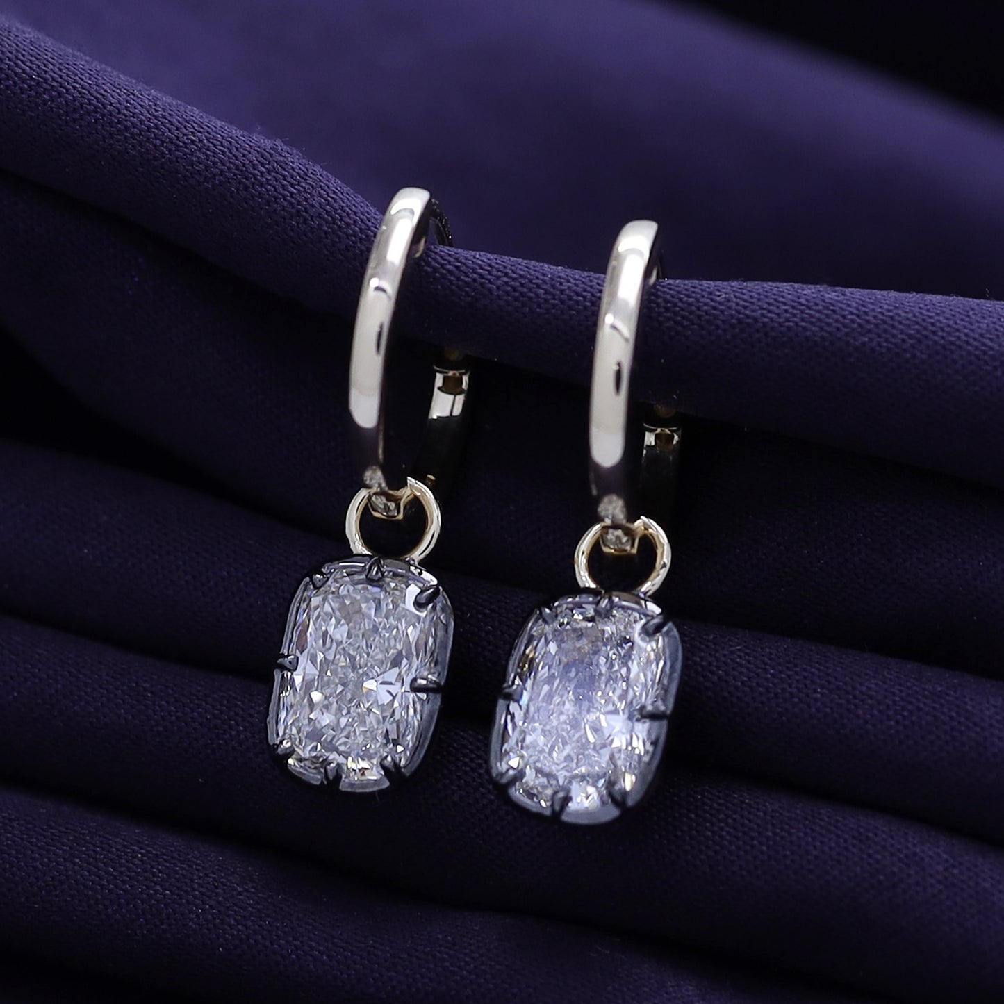 Huggie Earrings For Women, Cushion Shape Lab Grown Diamond Two Tone Huggie Earring