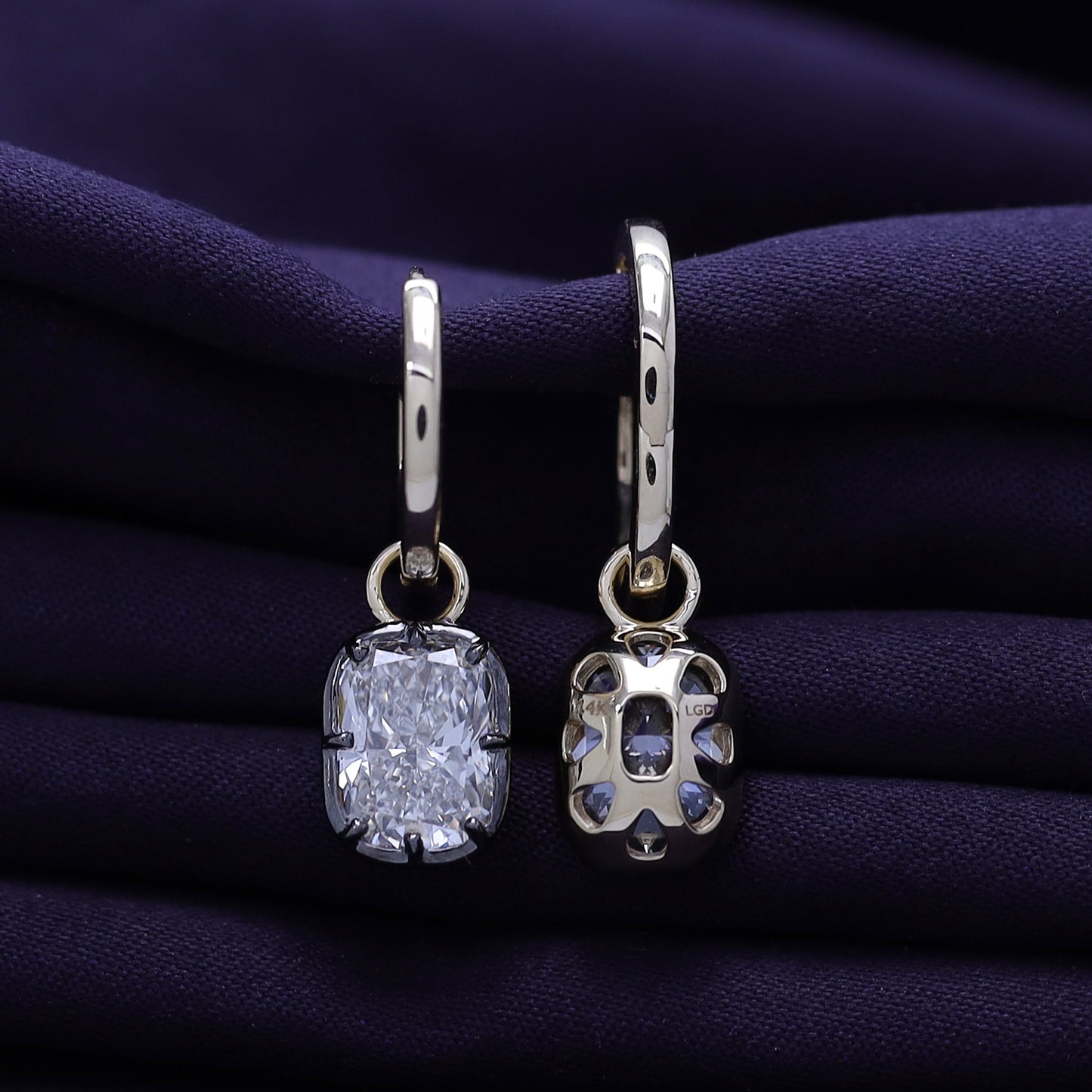 Huggie Earrings For Women, Cushion Shape Lab Grown Diamond Two Tone Huggie Earring