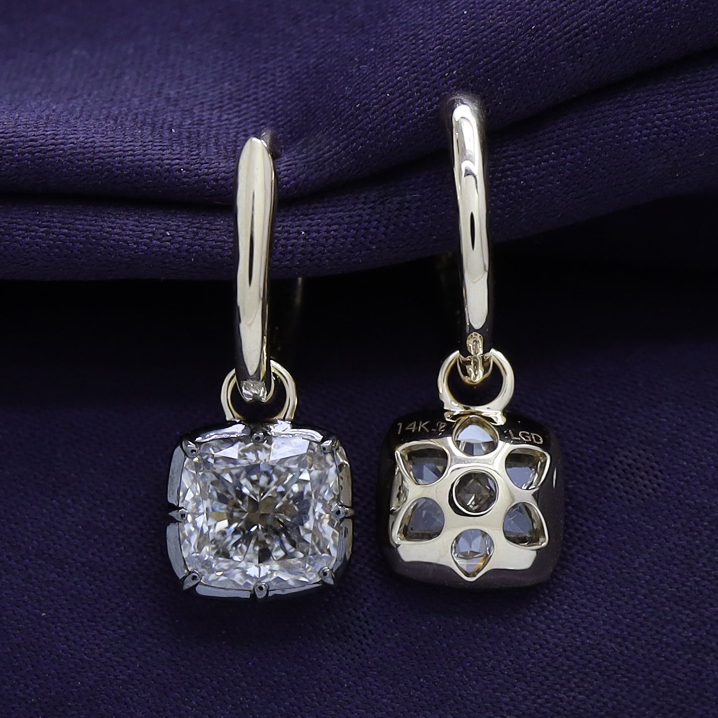 Huggie Earrings For Women, Cushion Shape Lab Grown Diamond Two Tone Huggie Earring