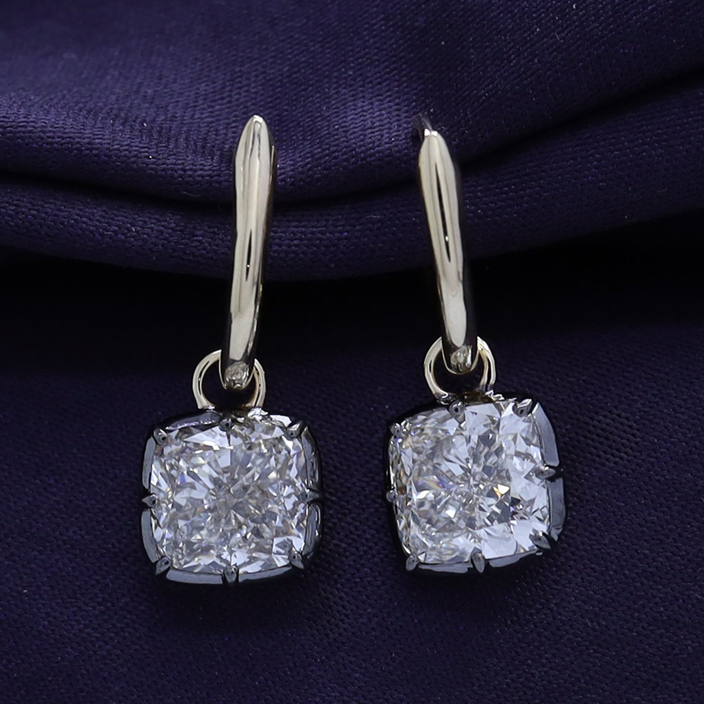 Huggie Earrings For Women, Cushion Shape Lab Grown Diamond Two Tone Huggie Earring