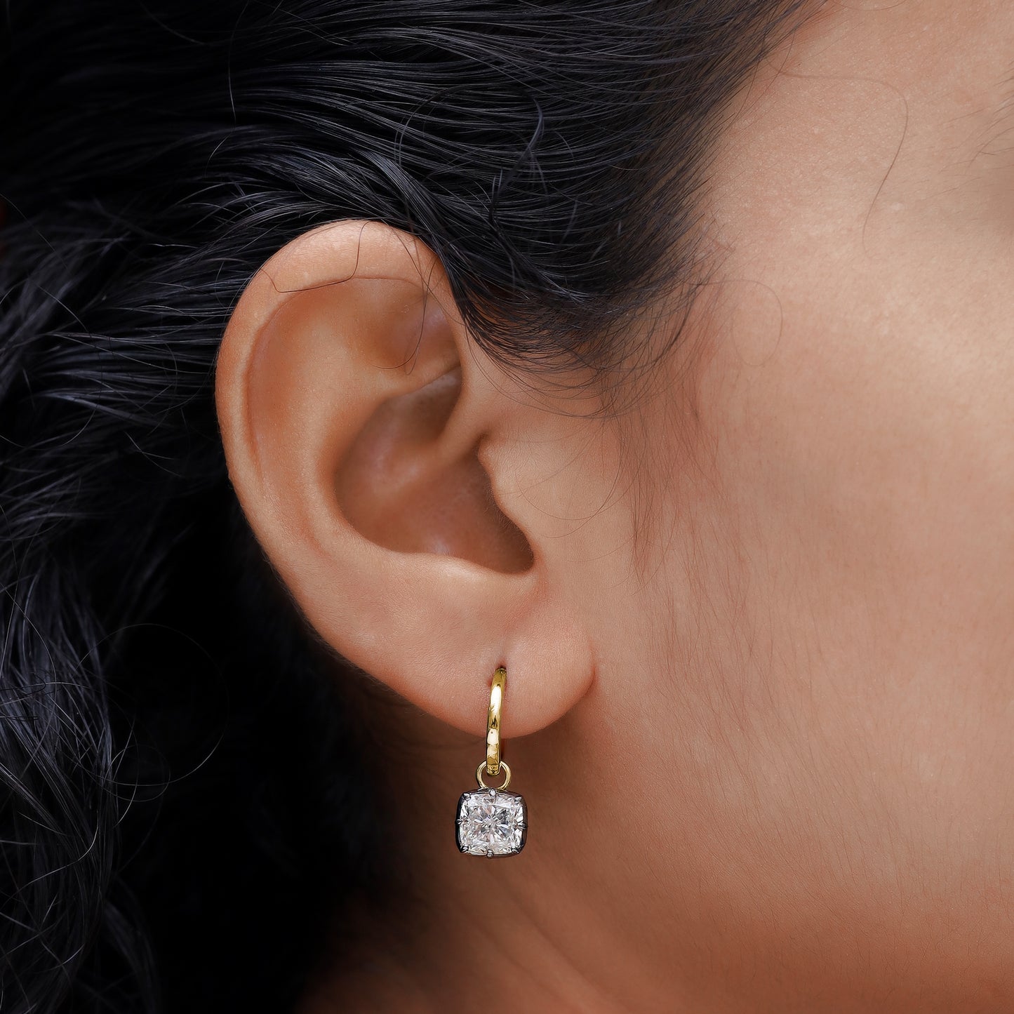 Huggie Earrings For Women, Cushion Shape Lab Grown Diamond Two Tone Huggie Earring