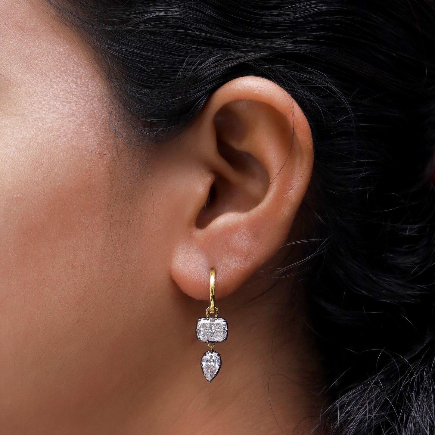 Huggie Earrings For Women, Cushion and Pear Shape Lab Grown Diamond Two Tone Huggie Earring