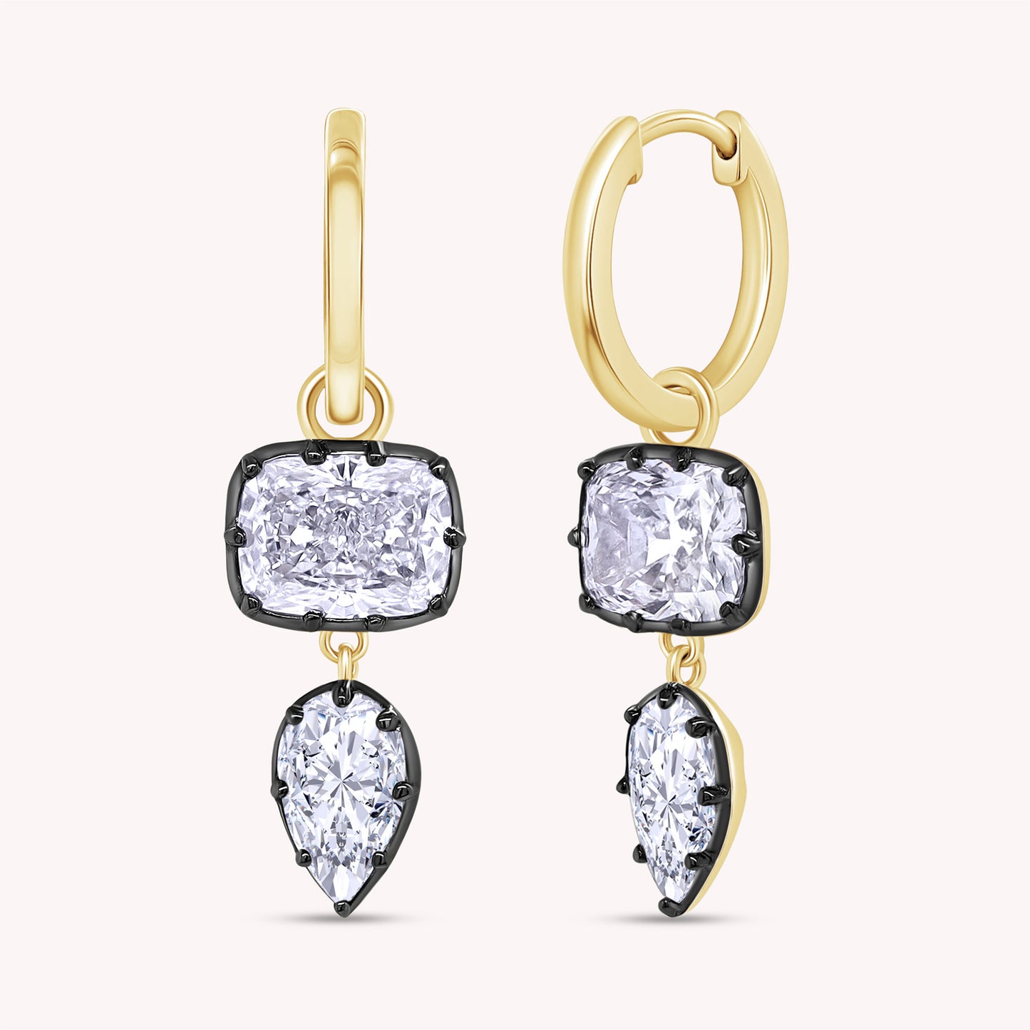 Huggie Earrings For Women, Cushion and Pear Shape Lab Grown Diamond Two Tone Huggie Earring