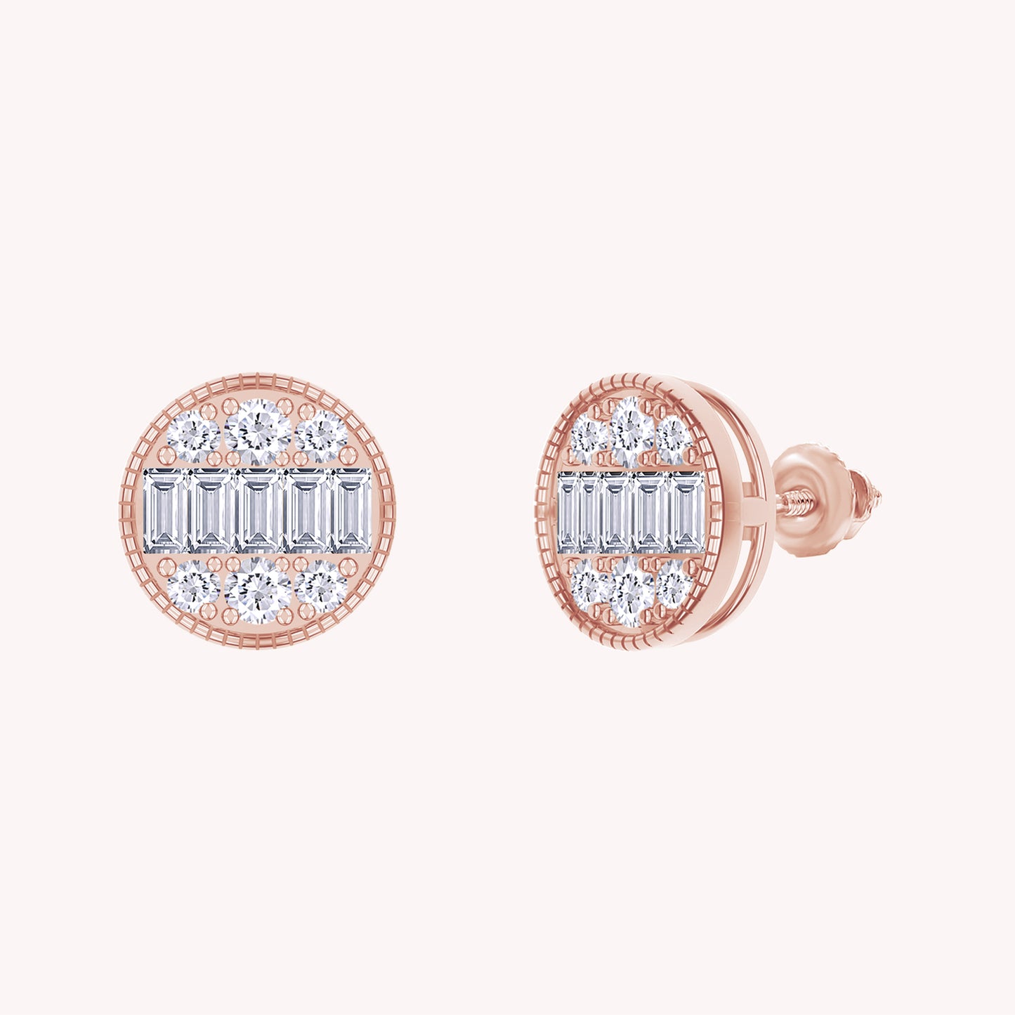 Baguette and Round Shape Lab Grown Diamond Sparkling Stud Earring