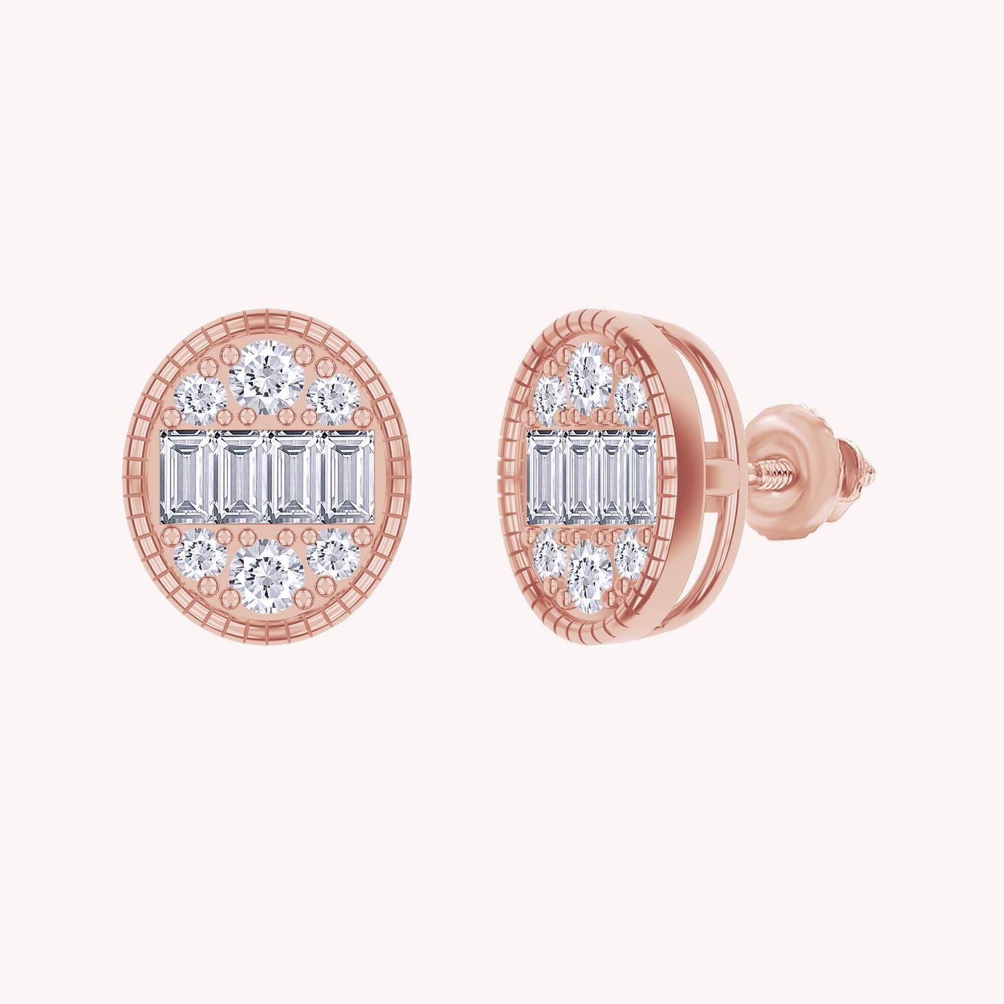 Oval-Shaped Lab Grown Round & Baguette Stud Earrings