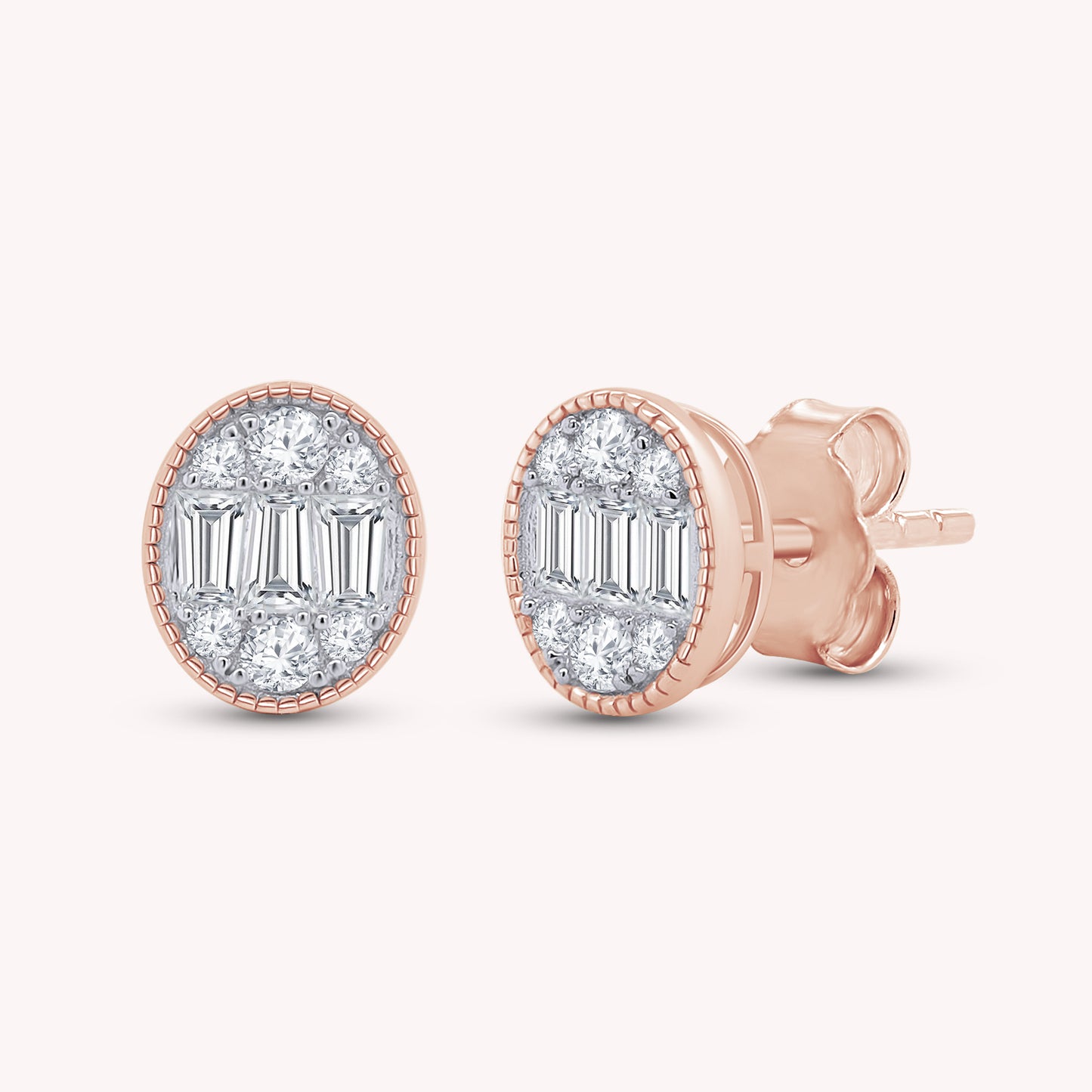 Oval-Shaped Lab Grown Round & Baguette Stud Earrings