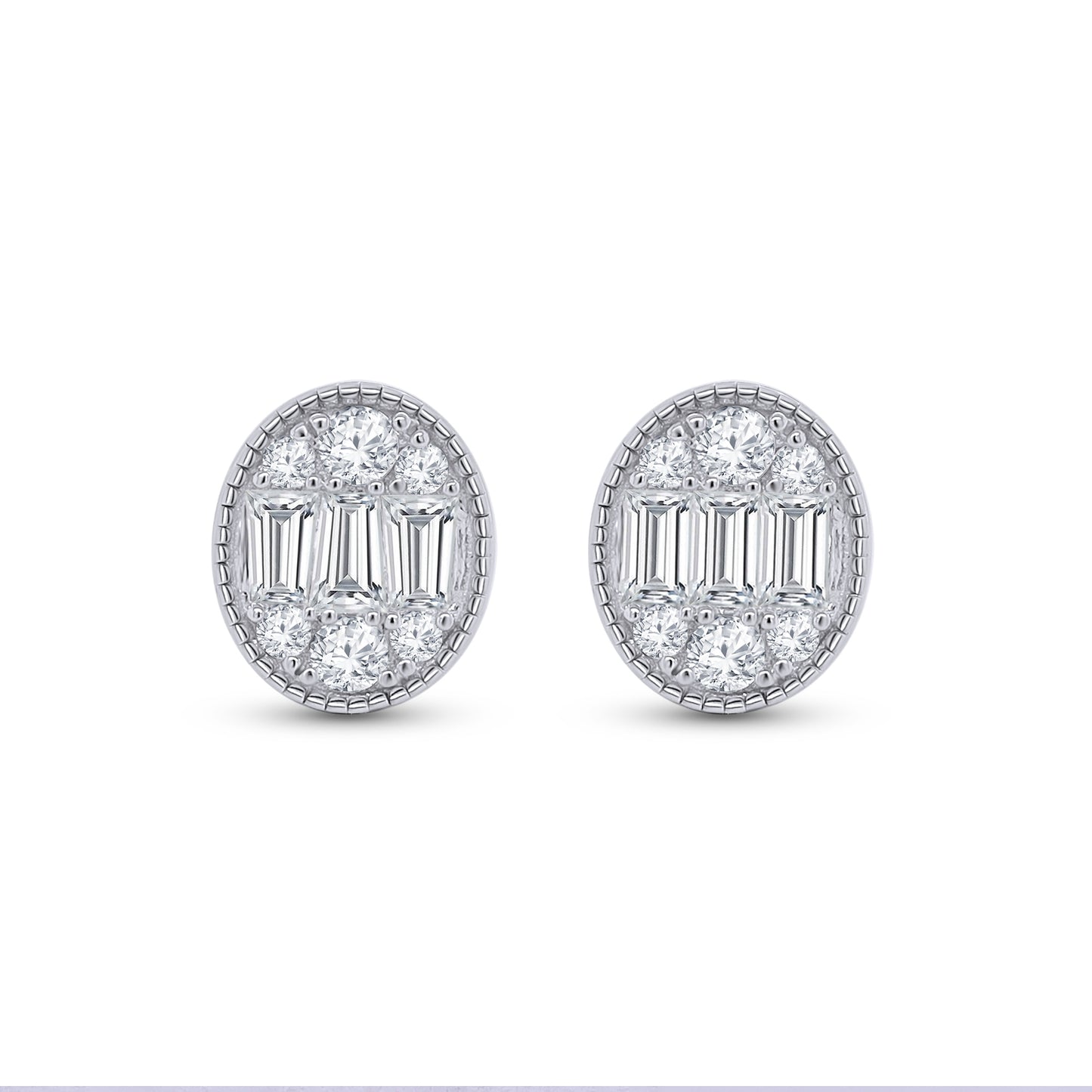 Oval-Shaped Lab Grown Round & Baguette Stud Earrings