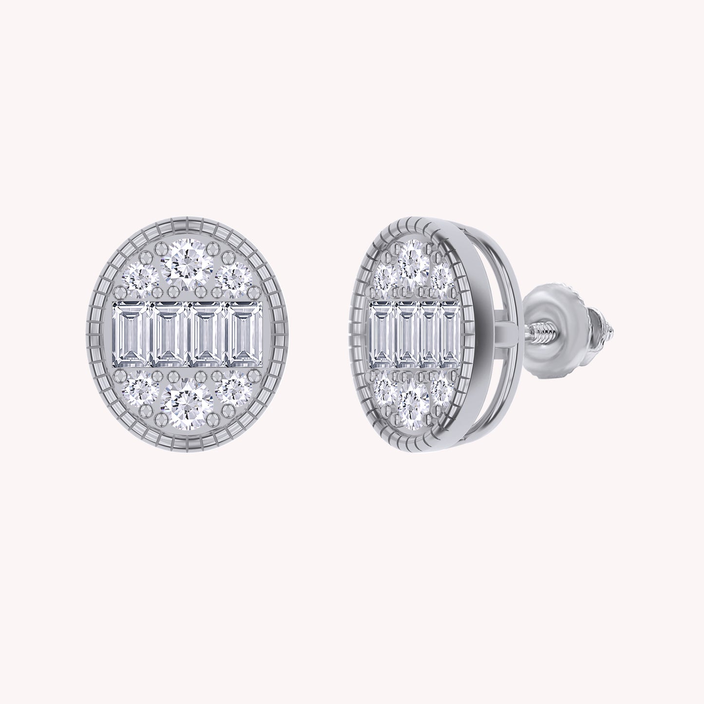 Oval-Shaped Lab Grown Round & Baguette Stud Earrings