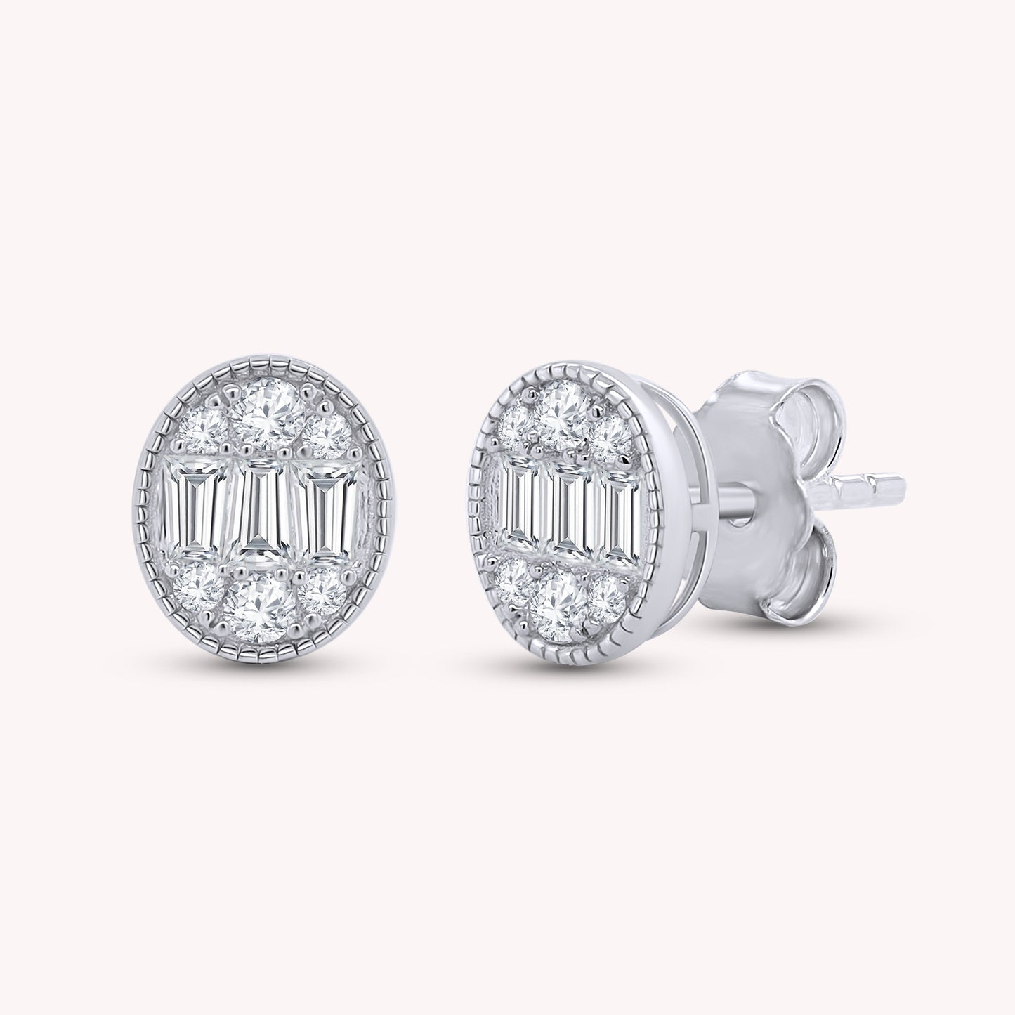 Oval-Shaped Lab Grown Round & Baguette Stud Earrings