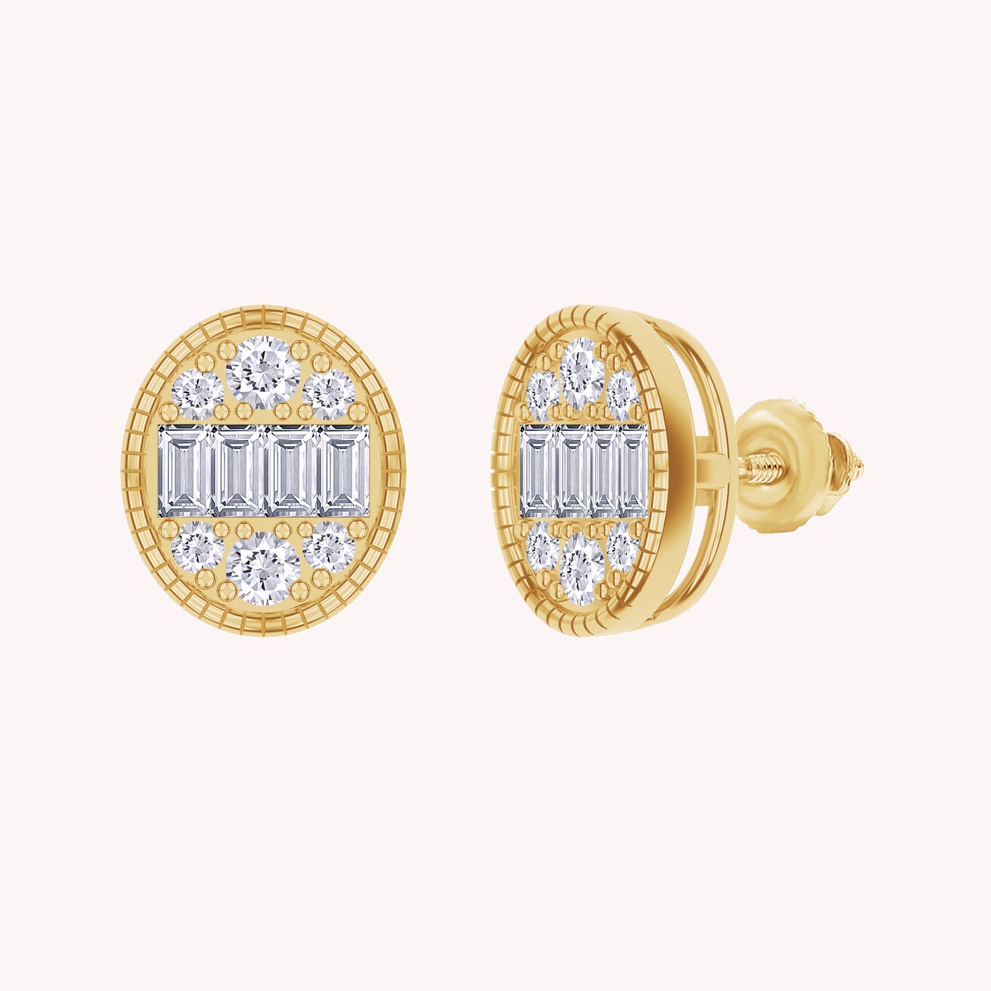 Oval-Shaped Lab Grown Round & Baguette Stud Earrings