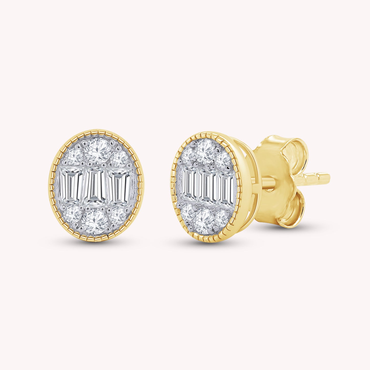 Oval-Shaped Lab Grown Round & Baguette Stud Earrings
