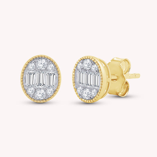 Oval-Shaped Lab Grown Round & Baguette Stud Earrings