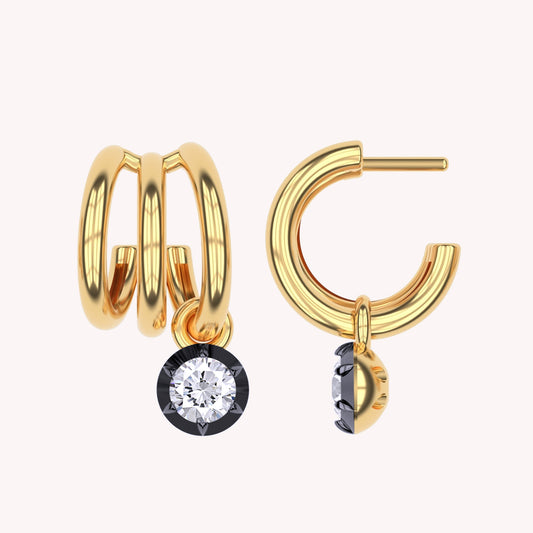 Dangling Earrings For Women, Round Shape Lab Grown Diamond Two Tone 3 Row Dangling Earring