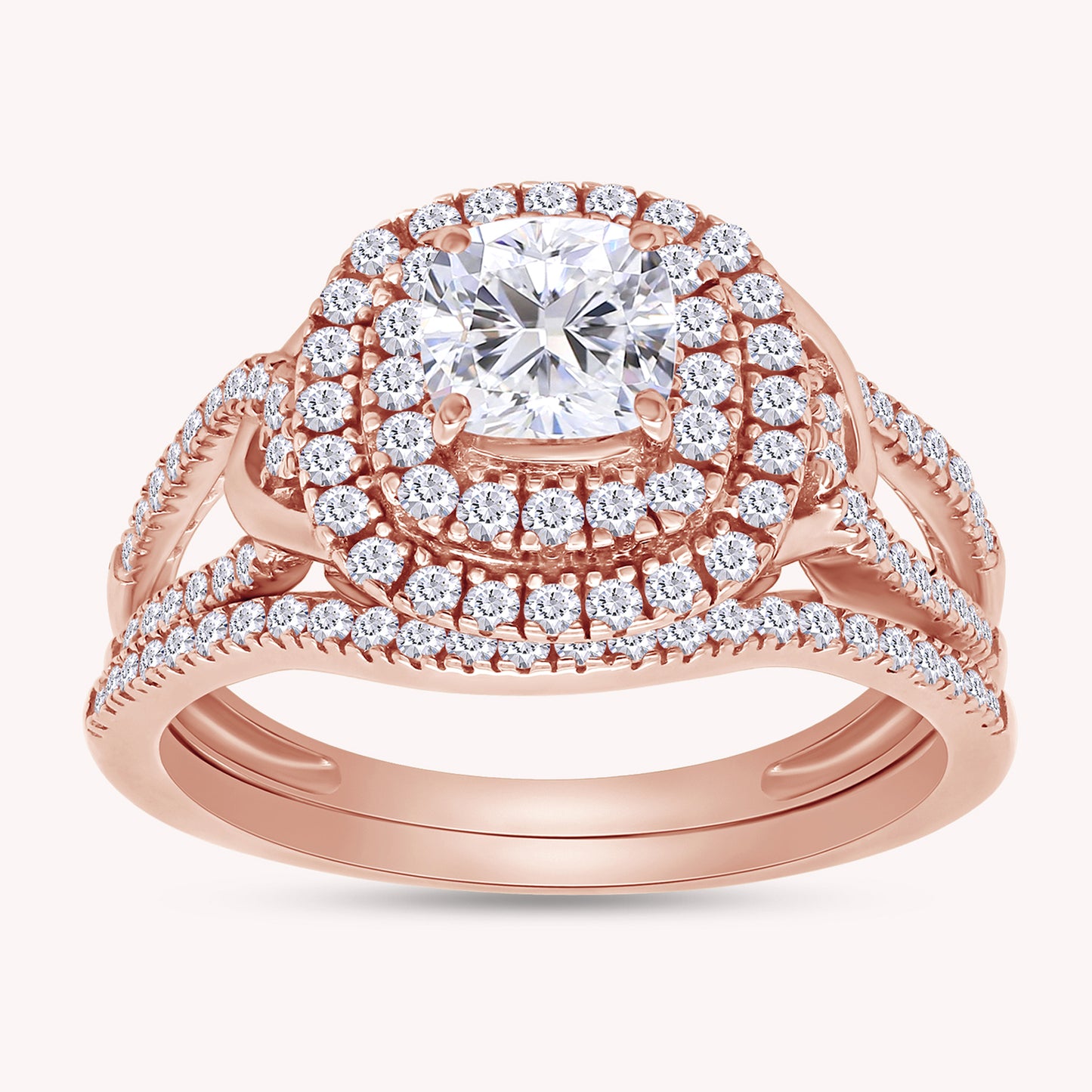 Princess and Round Cut Lab Grown Diamond Double Halo Split Shank Bridal Set Ring - 1.00 CTW