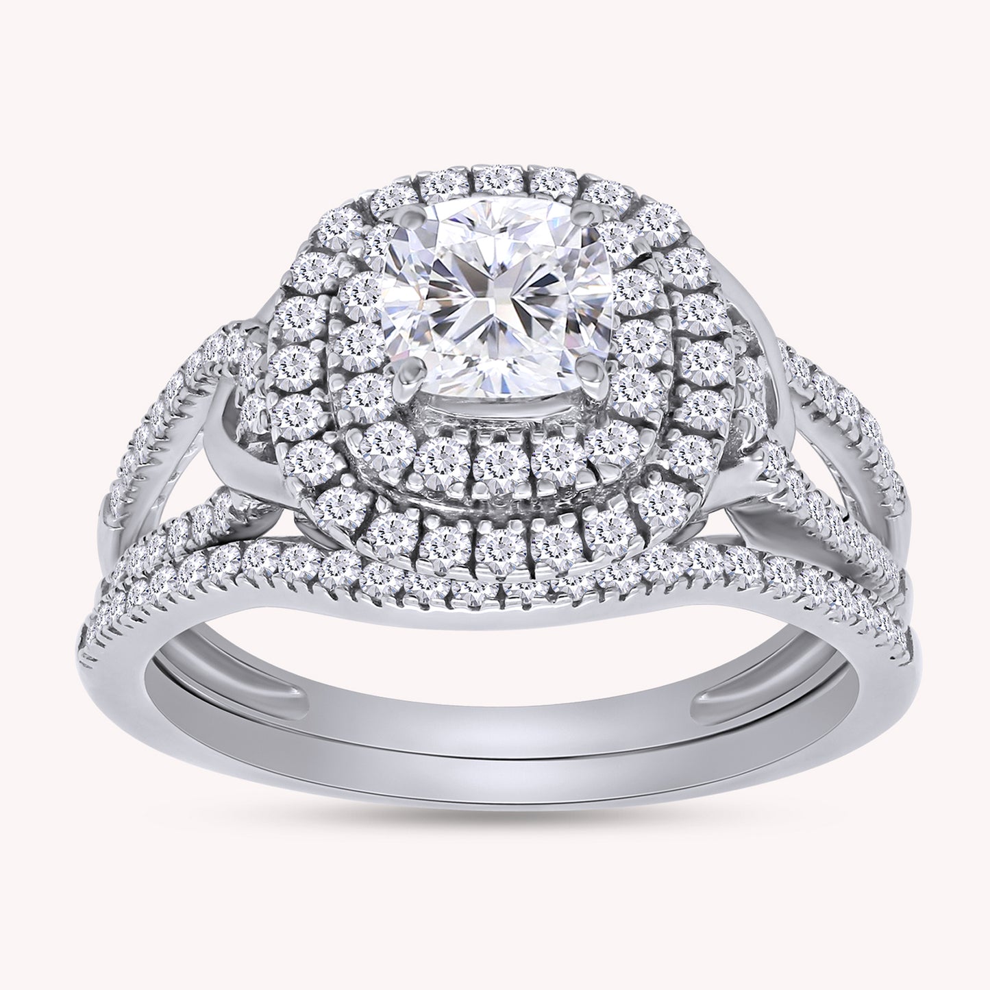 Princess and Round Cut Lab Grown Diamond Double Halo Split Shank Bridal Set Ring - 1.00 CTW