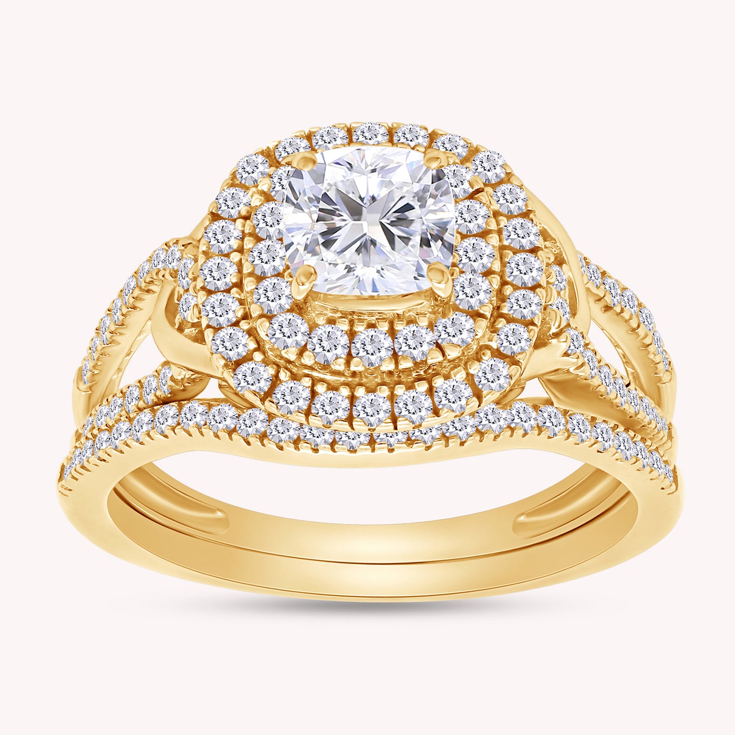 Princess and Round Cut Lab Grown Diamond Double Halo Split Shank Bridal Set Ring - 1.00 CTW