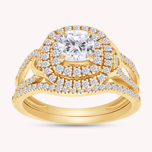 Princess and Round Cut Lab Grown Diamond Double Halo Split Shank Bridal Set Ring - 1.00 CTW