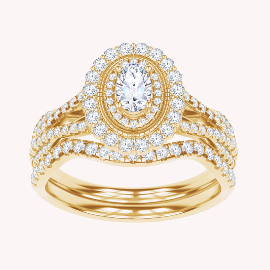 Oval and Round Lab Grown Diamond Halo Split Shank Bridal Set Ring - 1.00 CTW