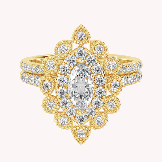 Marquise and Round Lab Grown Diamond Halo Beaded Bridal Set Ring - 1.00 CTW