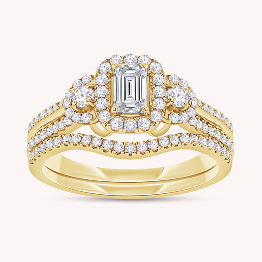 Emerald & Round Shape Lab Grown Diamond Three Stone Halo Engagement Wedding Ring - 1.00 CTW