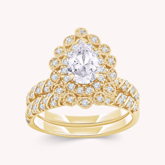 Pear and Round Shape Lab Grown Diamond Teardrop Double Halo Bridal Set Ring - 1.00 CTW