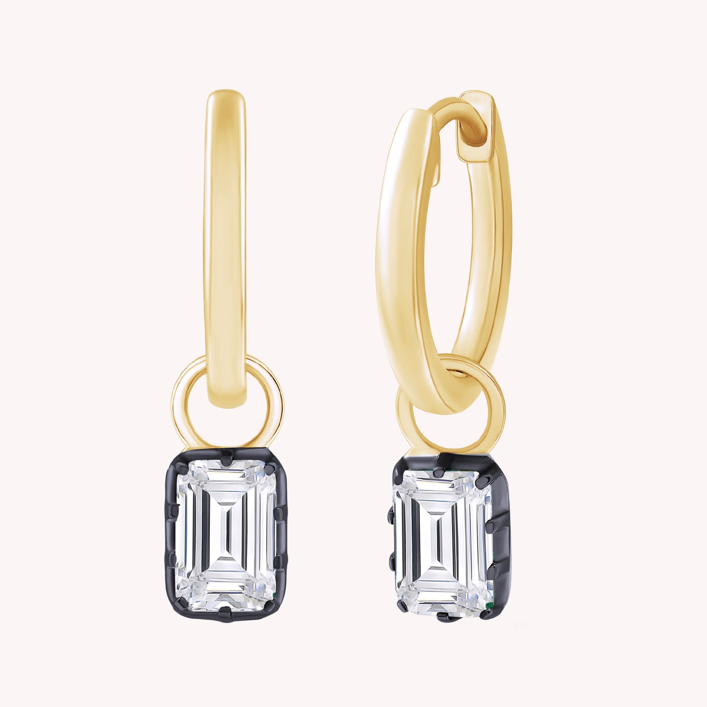 Huggie Earrings For Women, Emerald Shape Lab Grown Two Tone Solitaire Huggie Earring