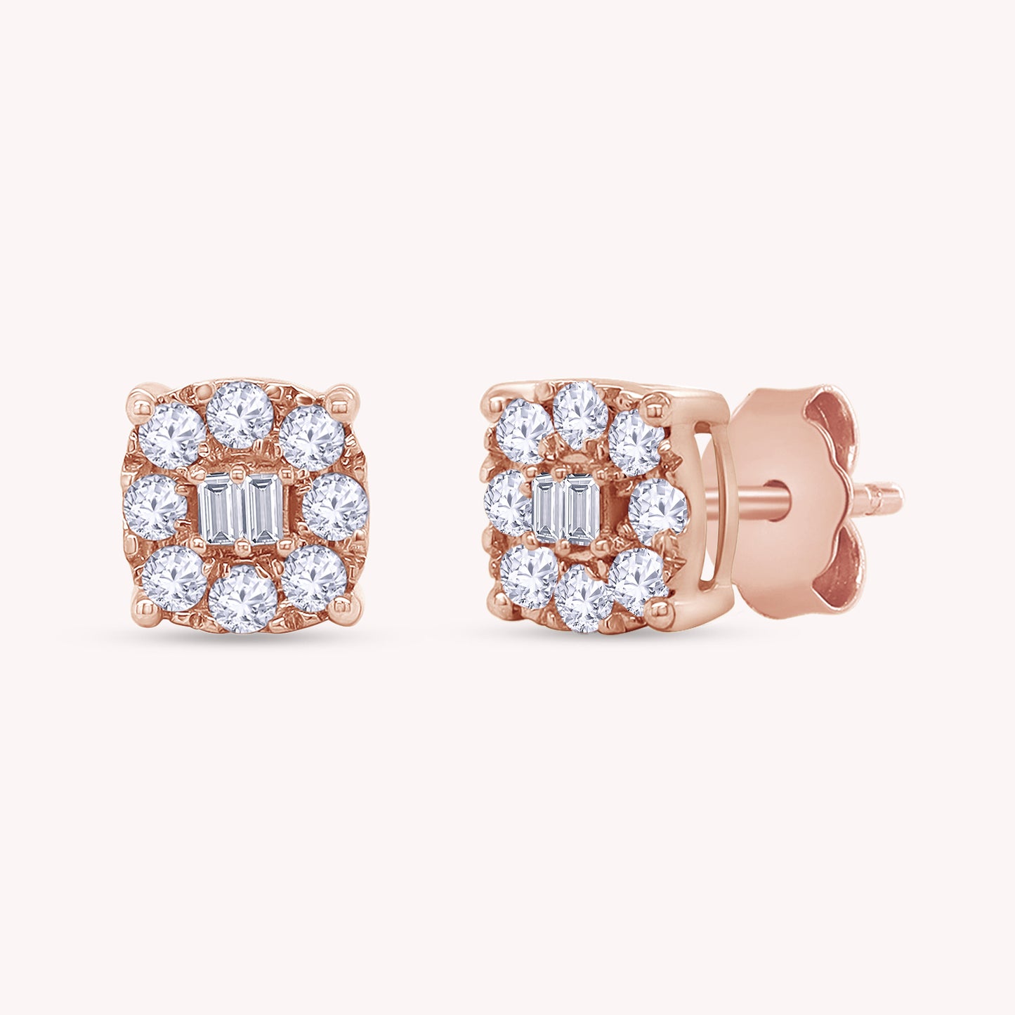 Round and Baguette 0.25 Carat Lab Grown Diamond Square Stud Earrings