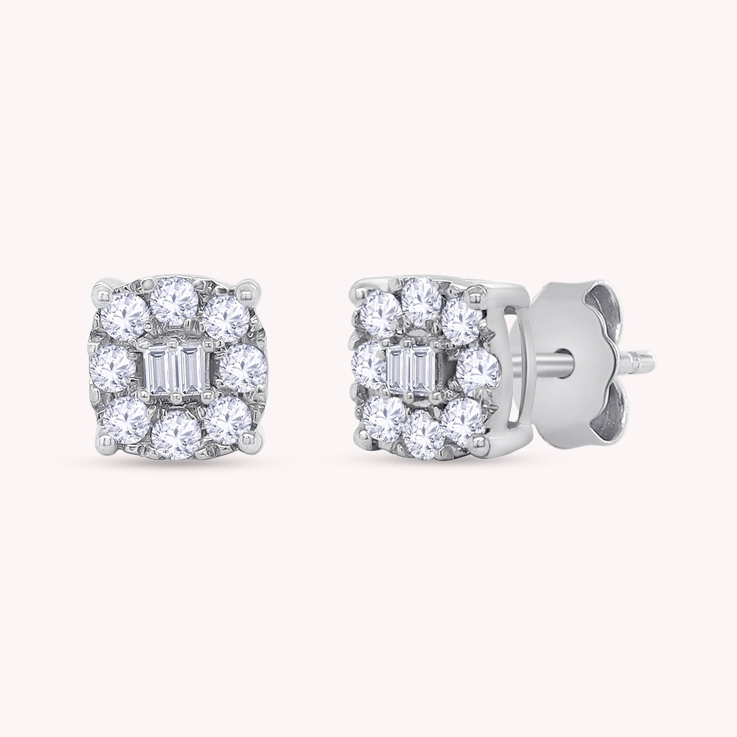 Round and Baguette 0.25 Carat Lab Grown Diamond Square Stud Earrings