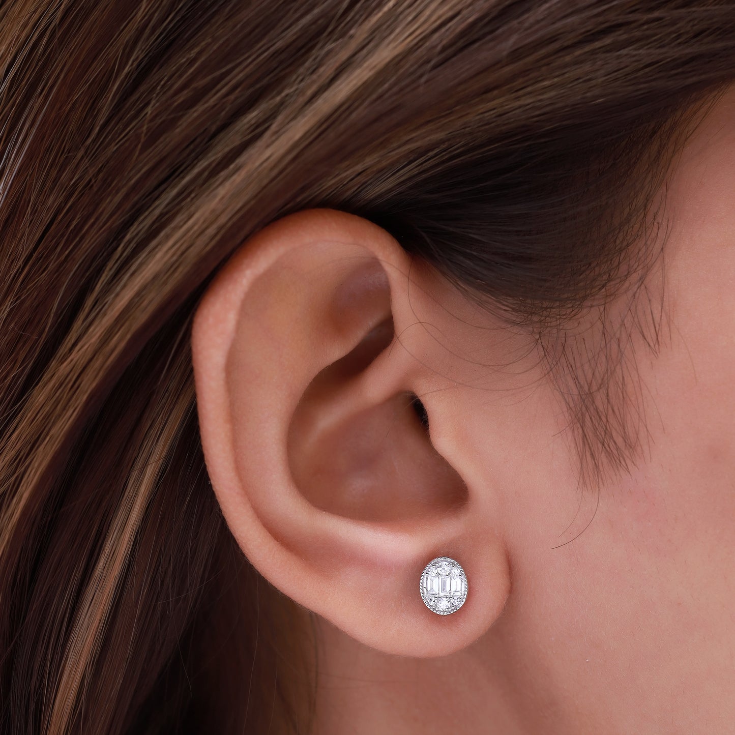 Oval-Shaped Lab Grown Round & Baguette Stud Earrings