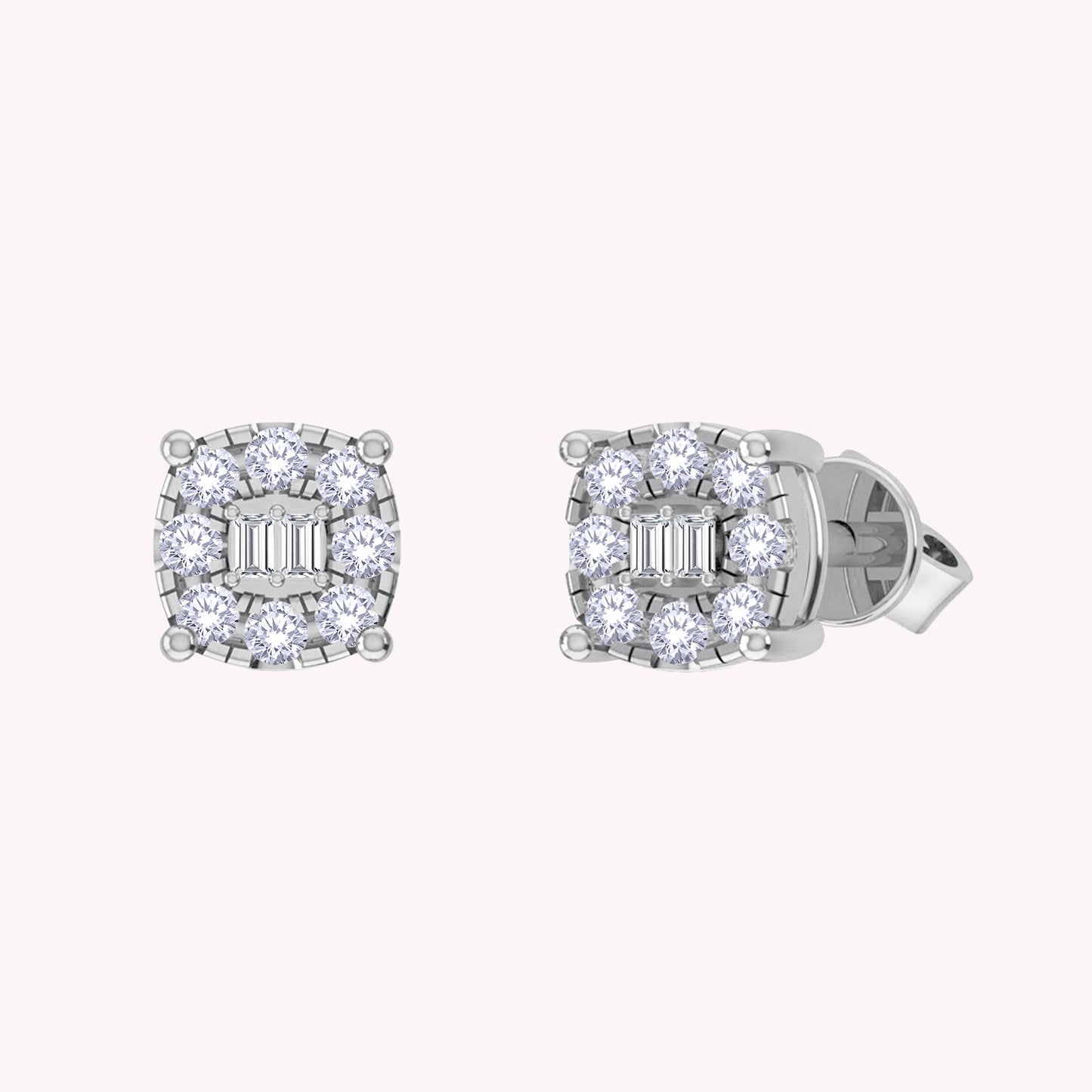 Round and Baguette 0.25 Carat Lab Grown Diamond Square Stud Earrings