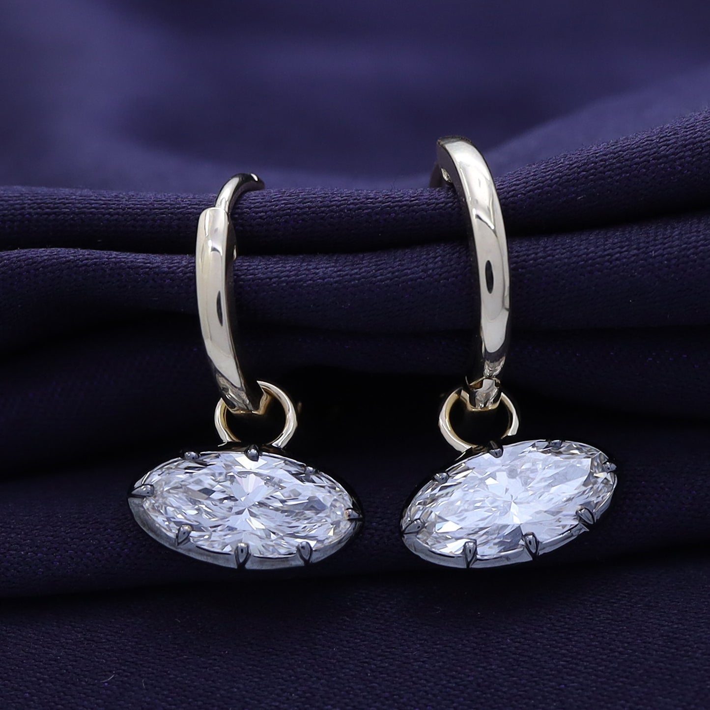 Huggie Earrings For Women, Moval Shape Lab Grown Diamond Two Tone Huggie Earring