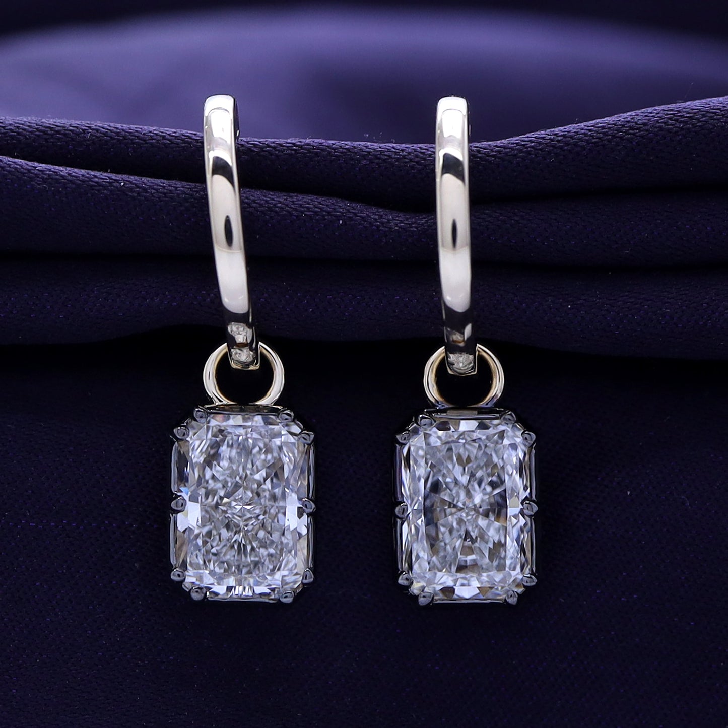 Huggie Earrings For Women, Emerald Shape Lab Grown Diamond Two Tone Huggie Earring