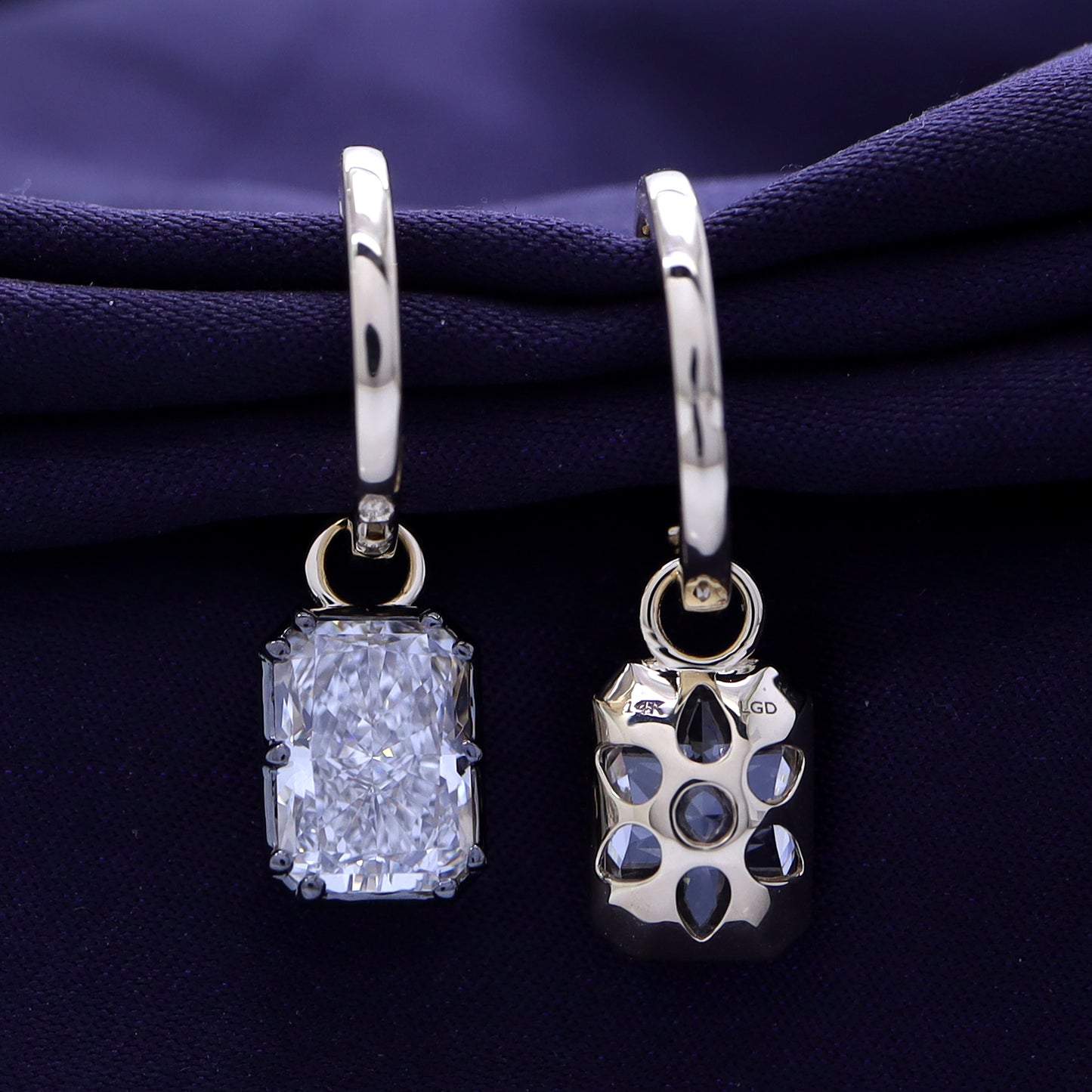 Huggie Earrings For Women, Emerald Shape Lab Grown Diamond Two Tone Huggie Earring