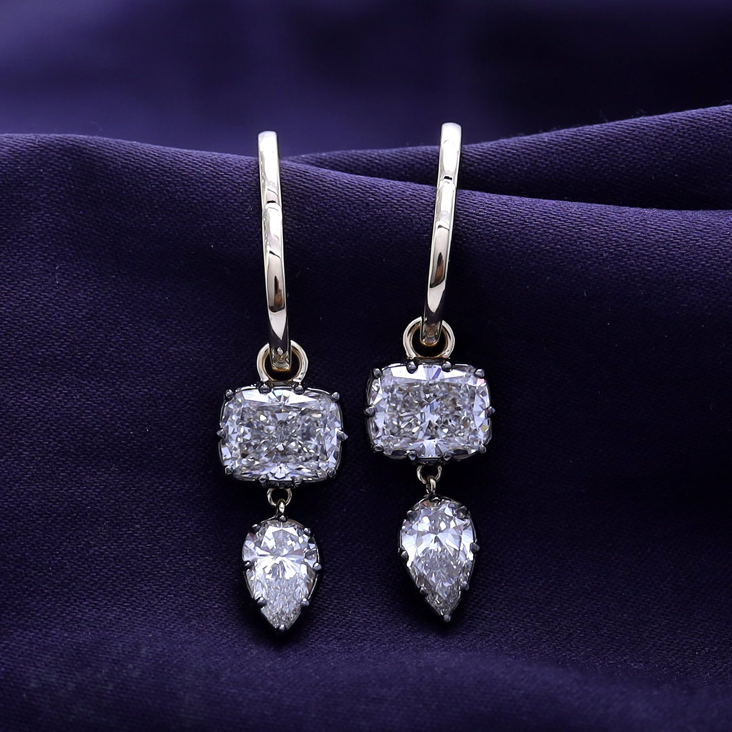 Huggie Earrings For Women, Cushion and Pear Shape Lab Grown Diamond Two Tone Huggie Earring