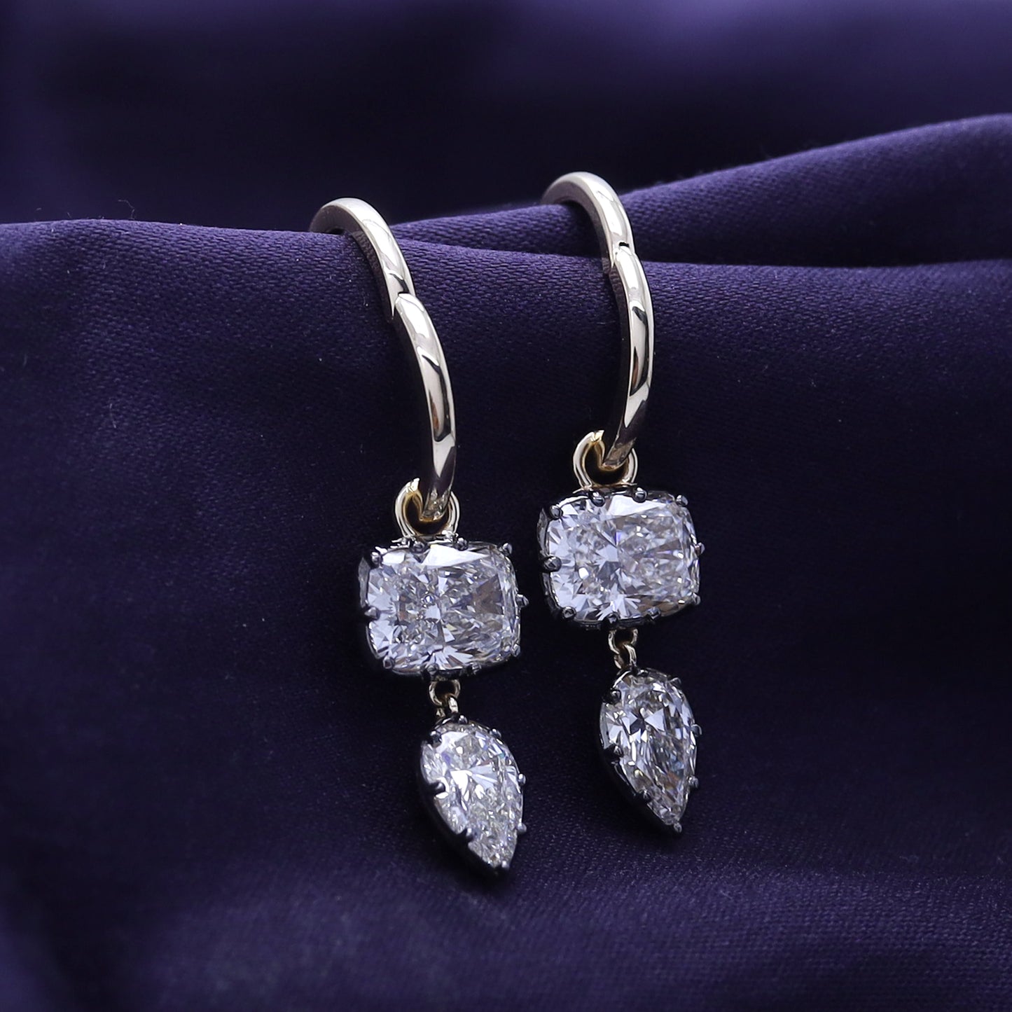 Huggie Earrings For Women, Cushion and Pear Shape Lab Grown Diamond Two Tone Huggie Earring