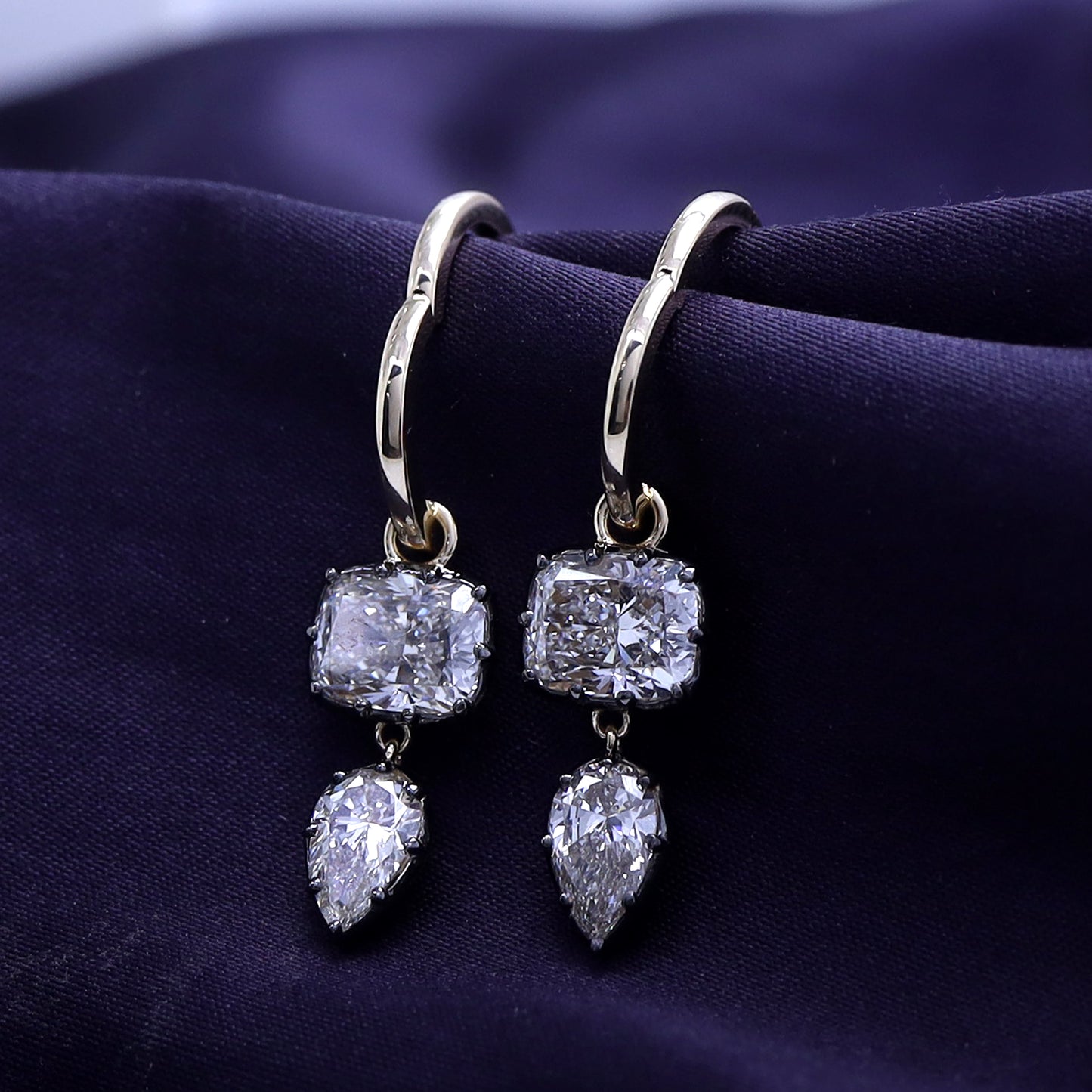 Huggie Earrings For Women, Cushion and Pear Shape Lab Grown Diamond Two Tone Huggie Earring